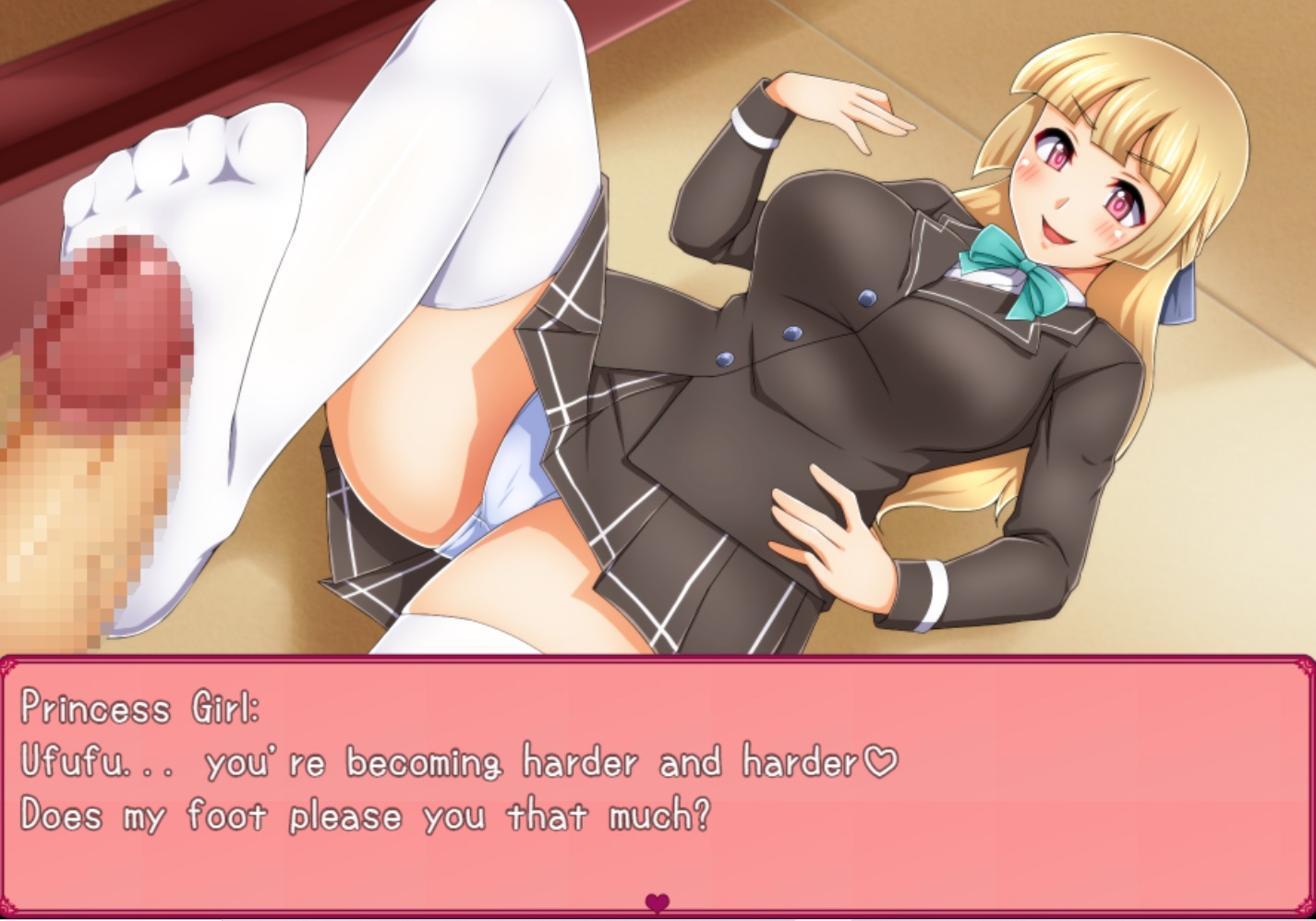 blonde hair, english text, female, femdom, femdom caption, footjob, male, malesub, panties, penis, school uniform, sockjob, socks, stepping on penis, translated, ufufu, upskirt, white legwear, white panties