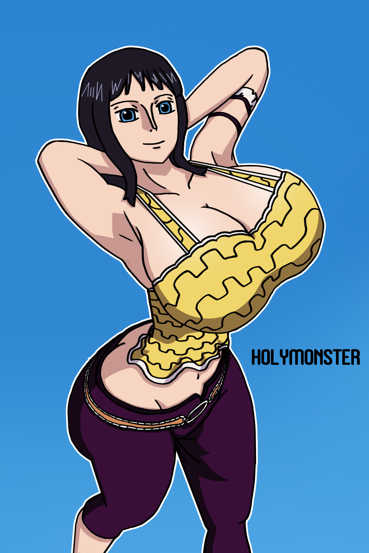 arms behind head, ass, ass cleavage, ass crack, big ass, big breasts, big butt, breasts, butt crack, clothed, female, female only, holymonster, huge breasts, nico robin, one piece, posing, pre-timeskip, thin waist
