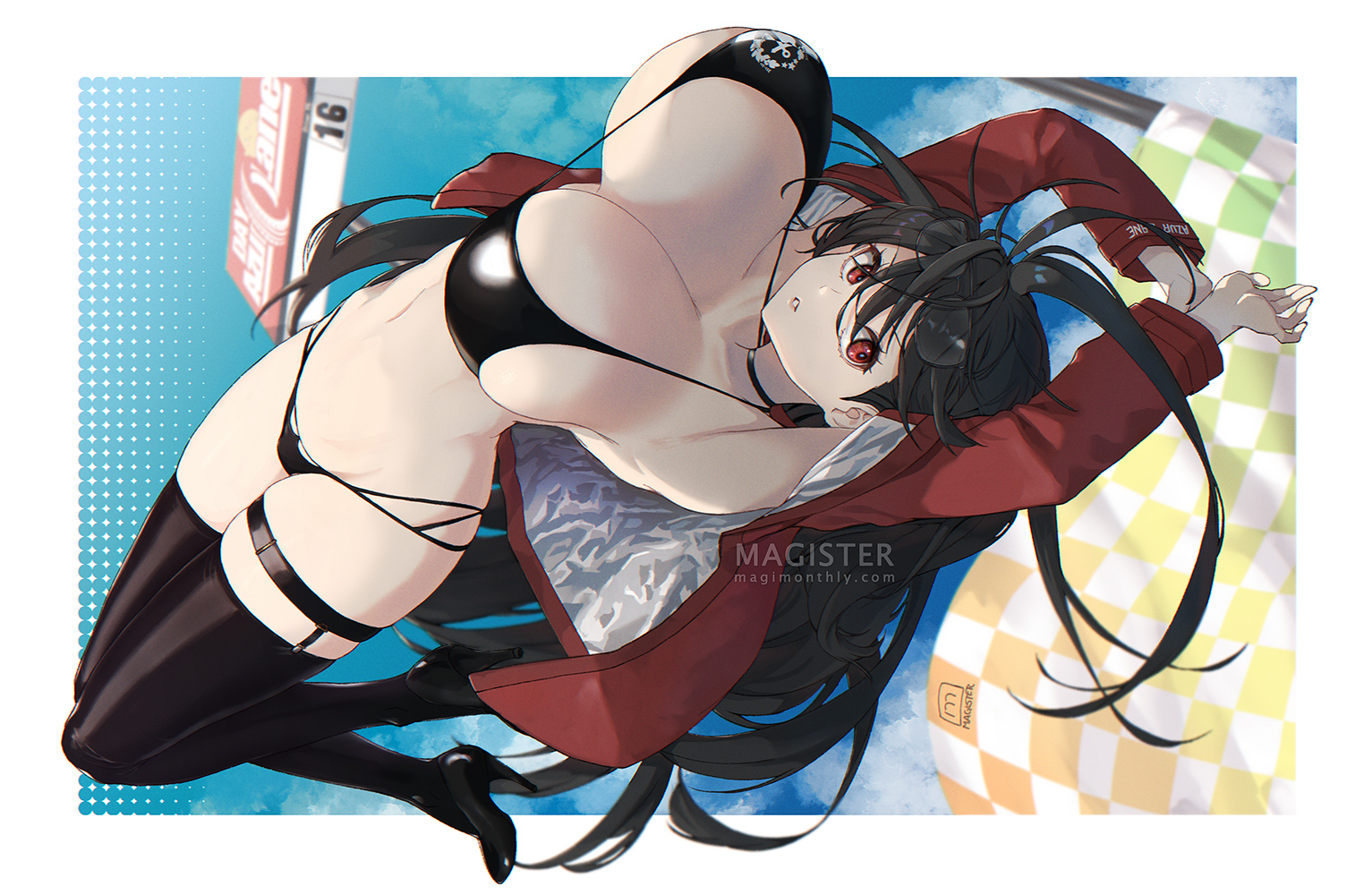 arms up, azur lane, big breasts, bikini, bouncing breasts, breasts, dark hair, female, huge breasts, jacket, light skin, light-skinned female, magister (bigbakunyuu), pale skin, pale-skinned female, red eyes, taihou (azur lane), thighhighs, upside-down