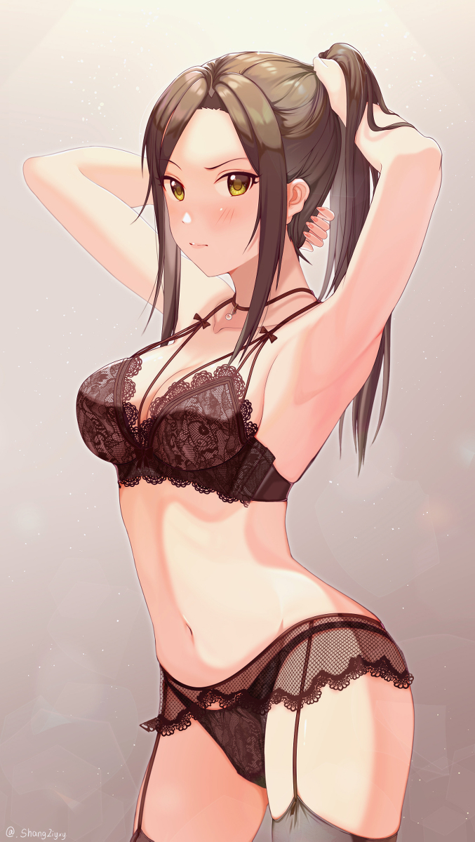 adjusting hair, armpits, arms behind head, arms up, bangs, black bra, black legwear, black panties, blush, bra, breasts, cleavage, closed mouth, female, garter belt, garter straps, hands behind head, high ponytail, hourglass figure, idolmaster, idolmaster cinderella girls, lace, lace trim, lingerie, long ponytail, looking at viewer, mukai takumi, navel, panties, parted bangs, shangziyxy, solo, stomach, thighhighs, thighs, tying hair, underwear, yellow eyes