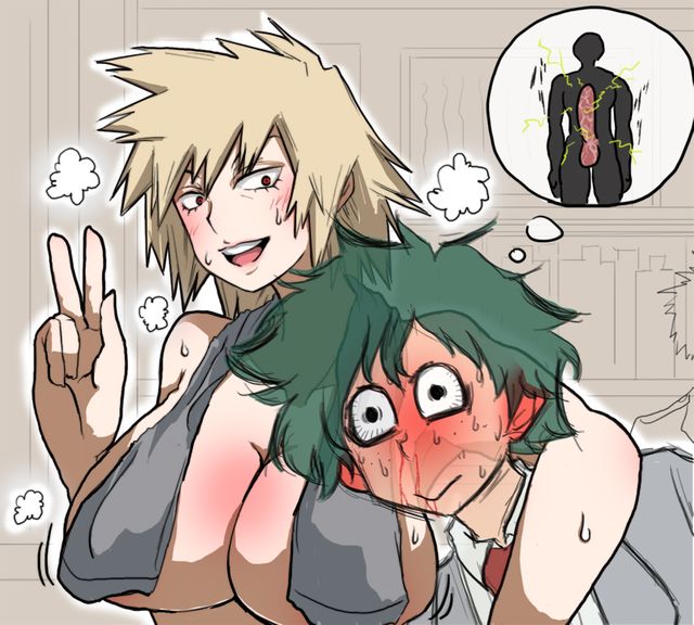 1boy, 1girls, arm around neck, big breasts, blonde hair, bloody nose, blush, breasts, embarrassed, female, green hair, huge breasts, imminent sex, izuku midoriya, large breasts, male, mature female, messy hair, milf, mitsuki bakugou, my hero academia, nose bleed, older female, older female and younger male, peace sign, red eyes, thought bubble, towel, towel covering breasts, tzw999, v, younger male