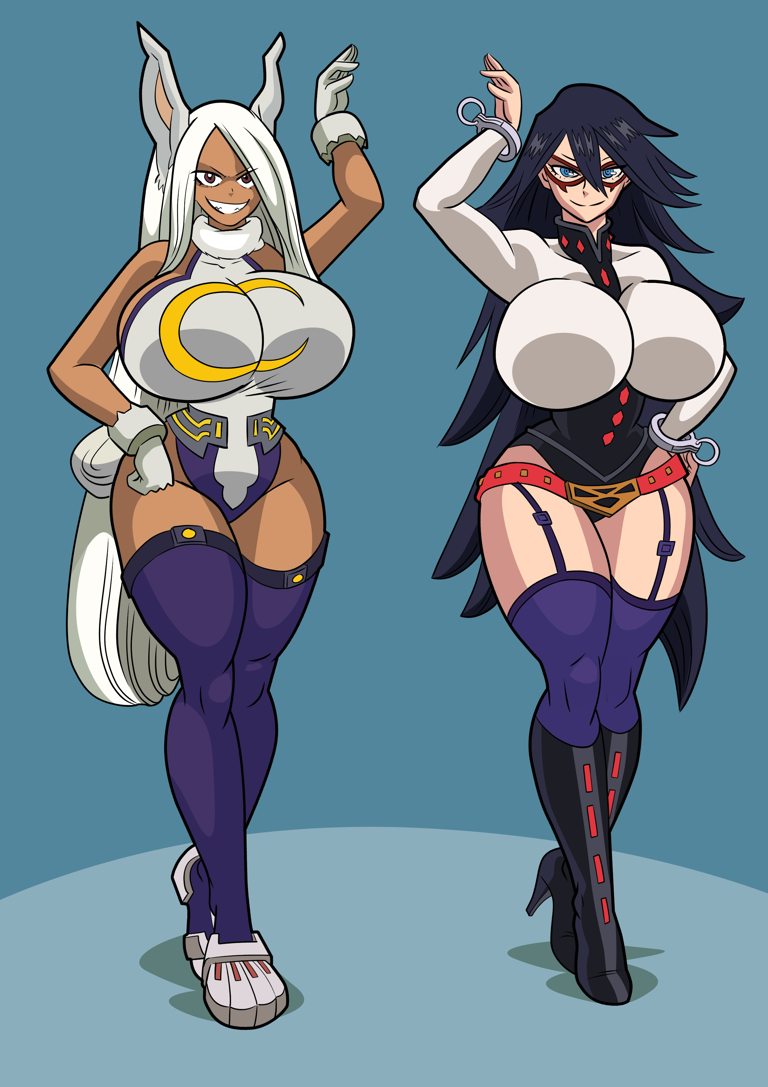 2girls, art-2u, big breasts, black boots, boots, breasts, chocolate and vanilla, curvy, female, high heel boots, high heeled boots, knee boots, leather boots, midnight (my hero academia), miruko, multiple females, multiple girls, my hero academia, nemuri kayama, rumi usagiyama