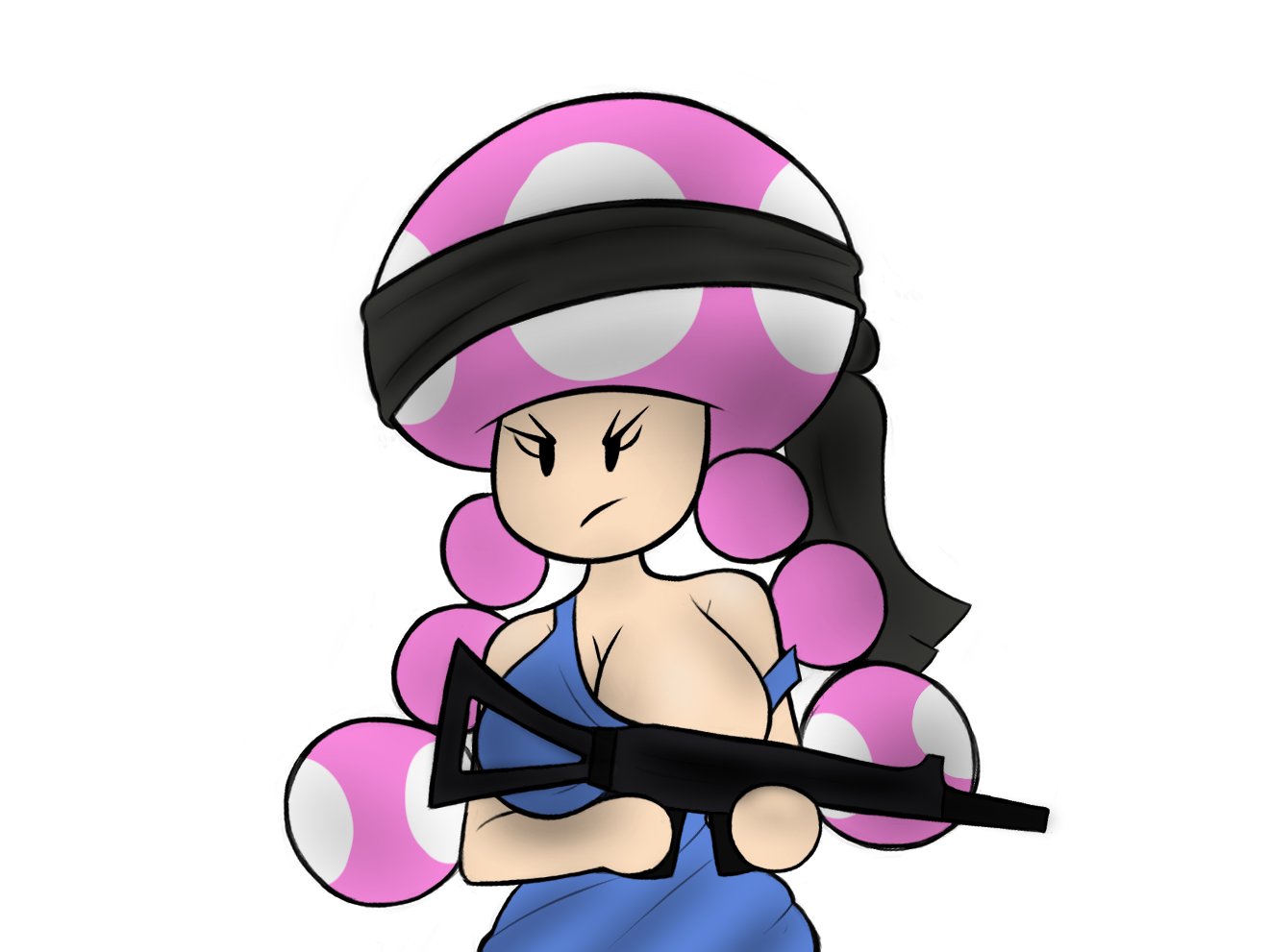 1girls army_uniform big_breasts breasts cleavage clothing female female_only gun holding_gun holding_weapon mario_(series) nintendo serious simple_background solo standing strap_slip toadette twygz weapon white_background