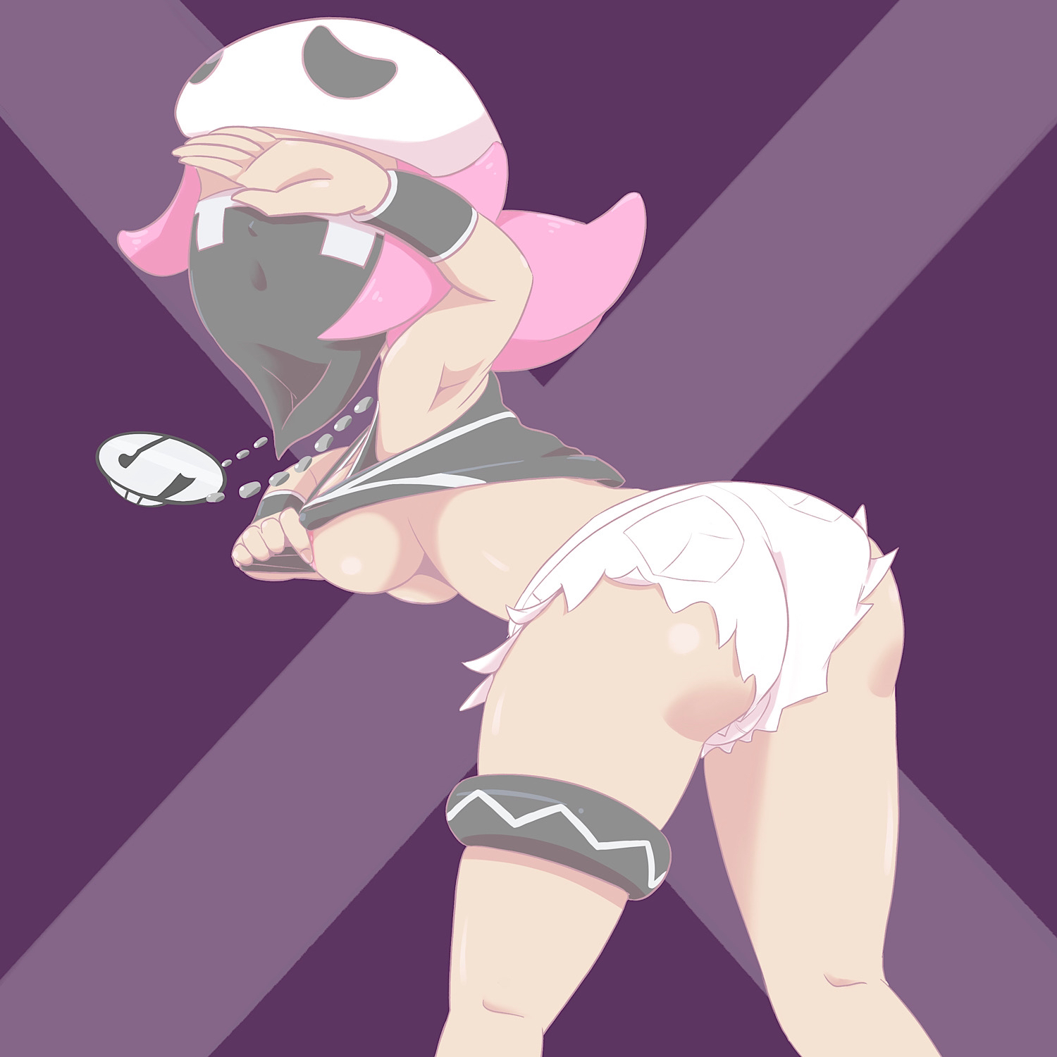 1:1, 1girls, ass, ass hanging out of shorts, big ass, breasts, covering, female, female only, female team skull grunt, hat, light skin, light-skinned female, microsd (artist), minishorts, nintendo, pale skin, pale-skinned female, pink hair, pokemon, pokemon sm, rapp (pokemon), short hair, shorts, solo, team skull, team skull grunt, team skull grunt (female), thick ass, thick thighs, thighs
