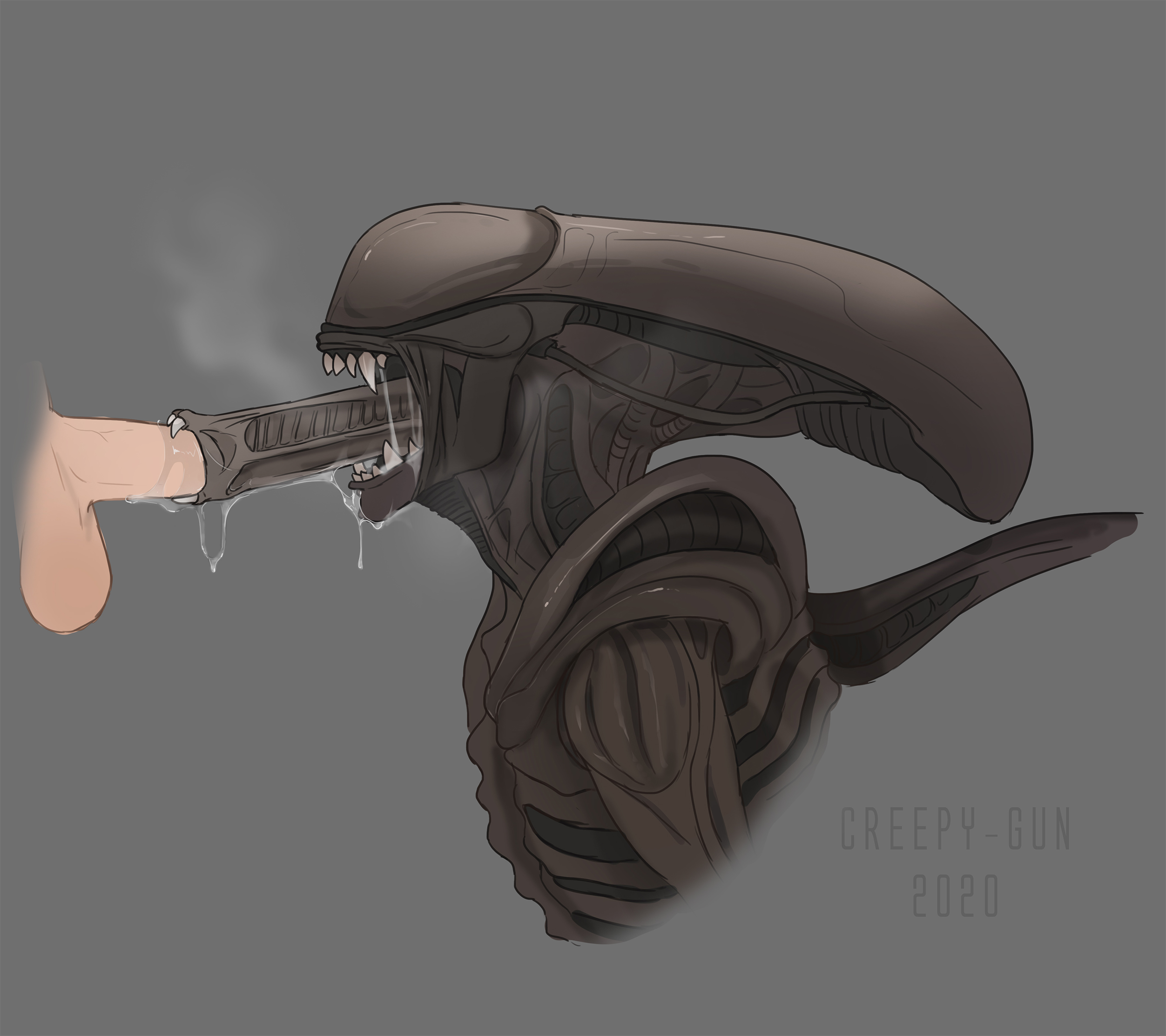 1boy, 1girls, 2020, 2d, alien, alien (franchise), alien/human, blowjob, breath, creepy gun, dated, digital media (artwork), disembodied penis, drooling, eyeless, fangs, fellatio, female, female xenomorph, grey background, human, human penetrating, inner mouth, interspecies, male, open mouth, oral, oral sex, penis, penis out, saliva, saliva drip, saliva on penis, saliva string, sharp teeth, simple background, teeth showing, teratophilia, trusting, watermark, xenomorph