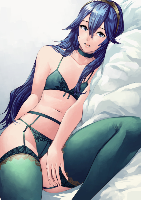 1girls, ameno (a meno0), bad id, bad twitter id, bed, bed sheet, between legs, blue eyes, blue hair, bra, breasts, choker, collarbone, female, fire emblem, fire emblem awakening, flat chest, garter belt, garter straps, green bra, green lingerie, green panties, green thighhighs, hair between eyes, hairband, hand between legs, legs, lingerie, long hair, looking at viewer, lucina (fire emblem), lying, midriff, navel, nintendo, on bed, on side, open mouth, panties, pillow, print bra, print panties, small breasts, solo, thighhighs, underwear, underwear only, very long hair