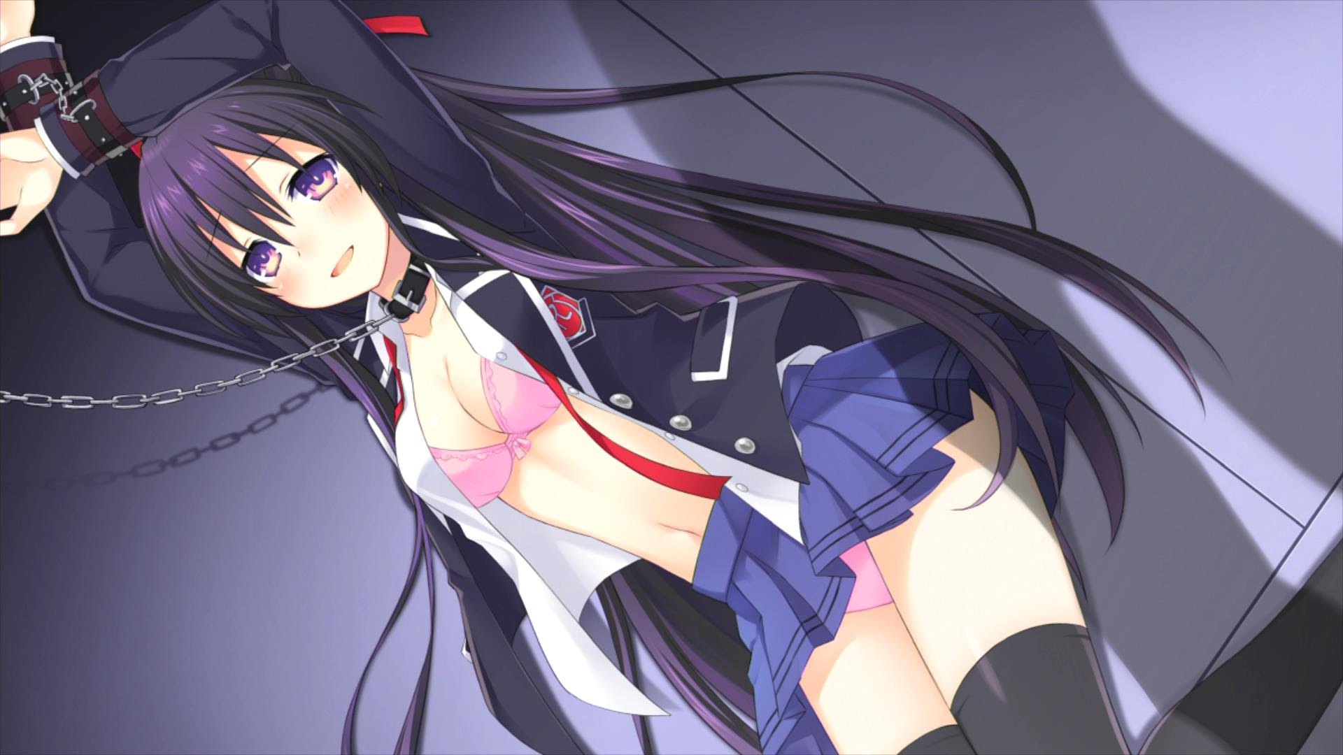 big breasts, blush, bra, breasts, chains, date a live, female, long hair, panties, ponytail, purple eyes, purple hair, school uniform, yatogami tohka