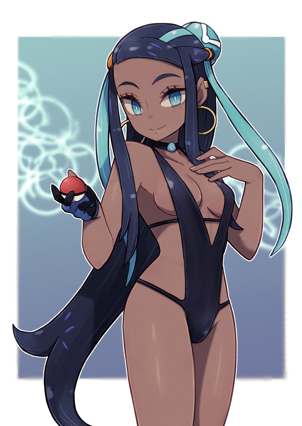 1girls boobs breasts cleavage dark-skinned_female dark_skin female game_freak inner_sideboob lamb-oic029 nessa_(pokemon) nintendo one-piece_swimsuit pokemon pokemon_ss revealing_clothes revealing_swimsuit sideboob sling_bikini swimsuit tagme v-string