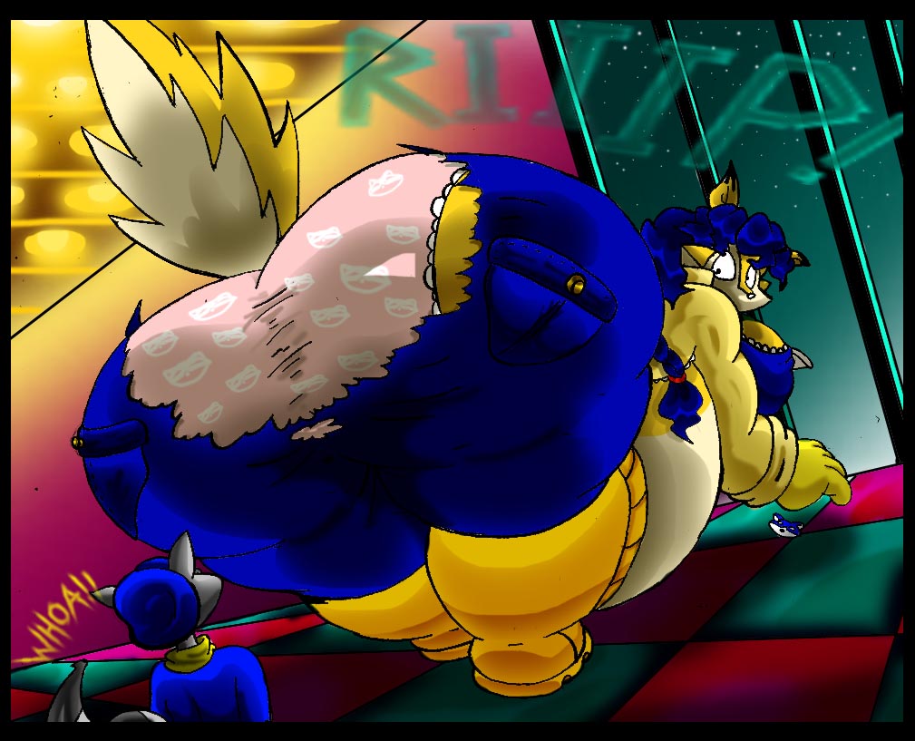 ass bending_over blue_hair carmelita_fox exposed_panties fat fox obese onomatopoeia panties ripped_pants shocked sly_cooper sly_cooper_(series) smooth_fur staring staring_at_ass straight_hair tail virus-20