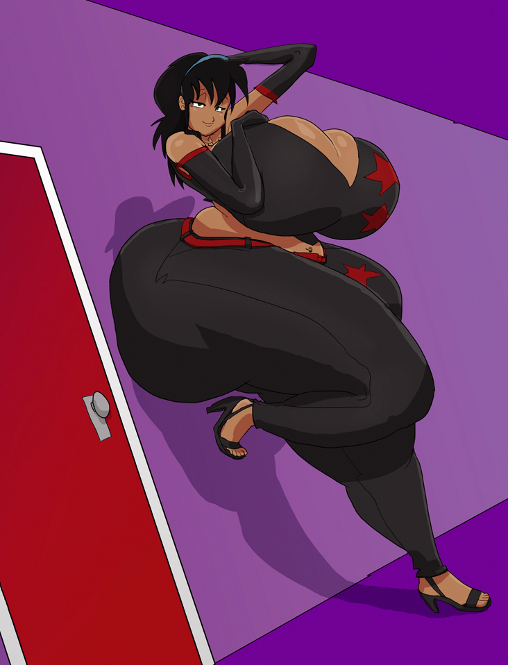 arm_sleeves ass ass_press bedbendersinc belt black_hair dark_skin door heels hips large_ass leaning_against_wall thick_thighs thighs