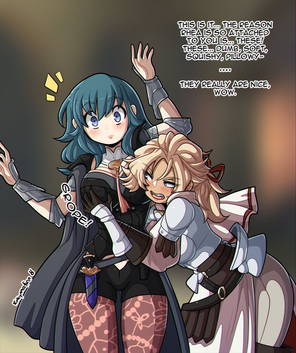 2girls, armor, breast grab, breasts, byleth (fire emblem), byleth (fire emblem) (female), catherine (fire emblem), clothed female, english text, female, female focus, female only, female protagonist, fire emblem, fire emblem: three houses, groping, groping breasts, kinkymation, large breasts, leggings, long hair, nintendo, teal hair, text, yuri