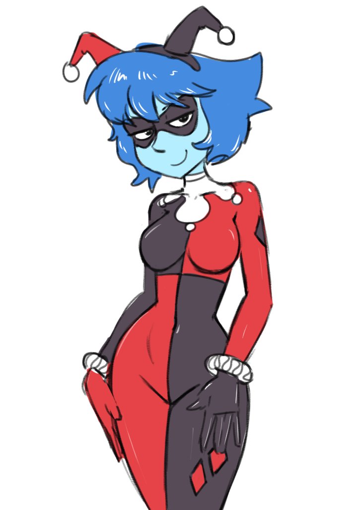 2020, batman (series), belly button, black eyes, black hair, blue skin, breasts, cartoon network, cosplay, crossover, cubedcoconut, dc, dc comics, eyemask, female, female only, gem (species), gloves, hands on hips, harley quinn (cosplay), harley quinn (series), lapis lazuli (steven universe), latex, looking at viewer, short hair, small breasts, smile, steven universe, waist