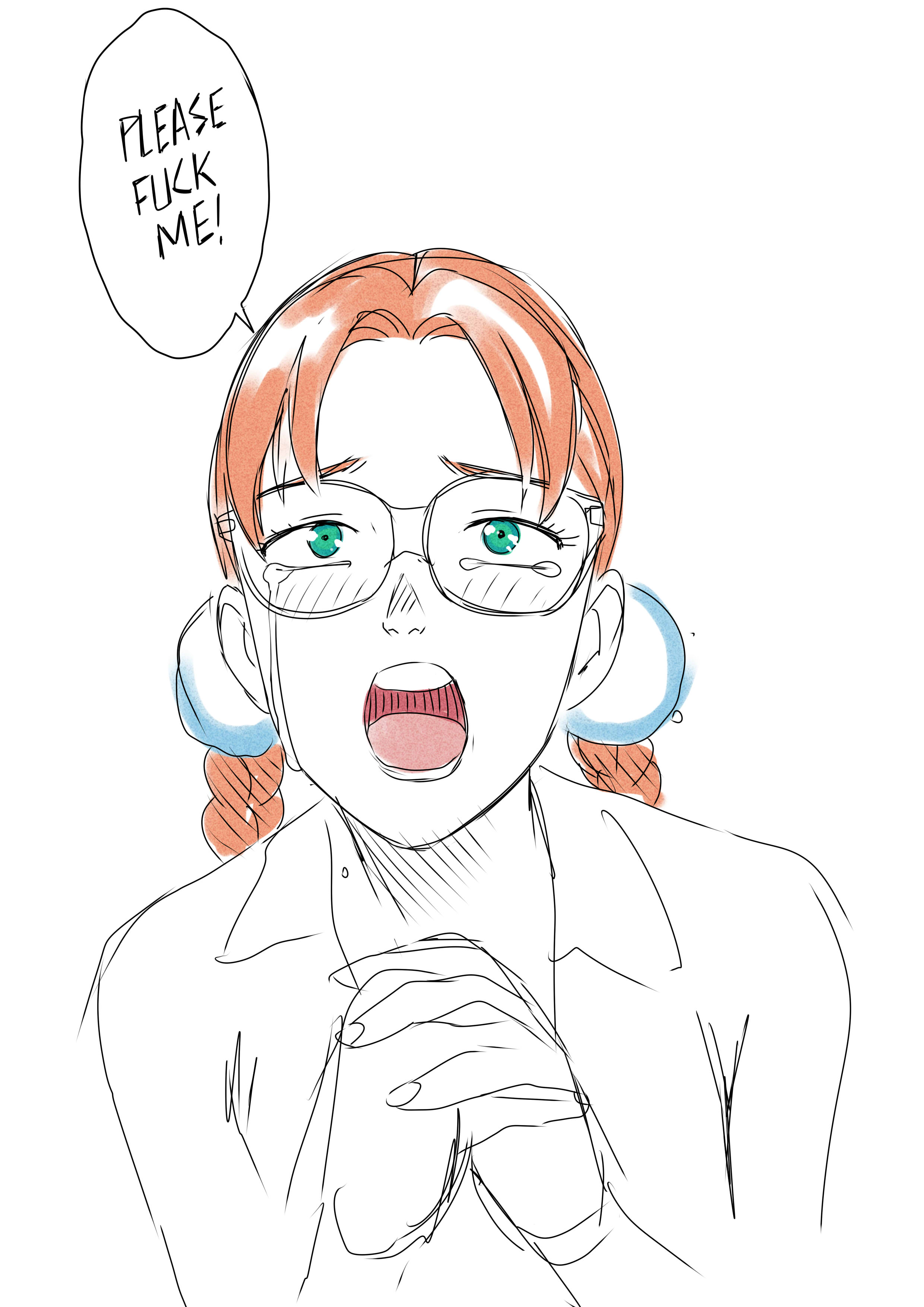 1girls, anna (tekuho), begging, braided hair, braided twintails, braids, crying, desperation, english text, female, female only, ginger, glasses, green eyes, imminent sex, looking at viewer, original, red hair, sexually suggestive, sketch, tears, teenager, tekuho, text