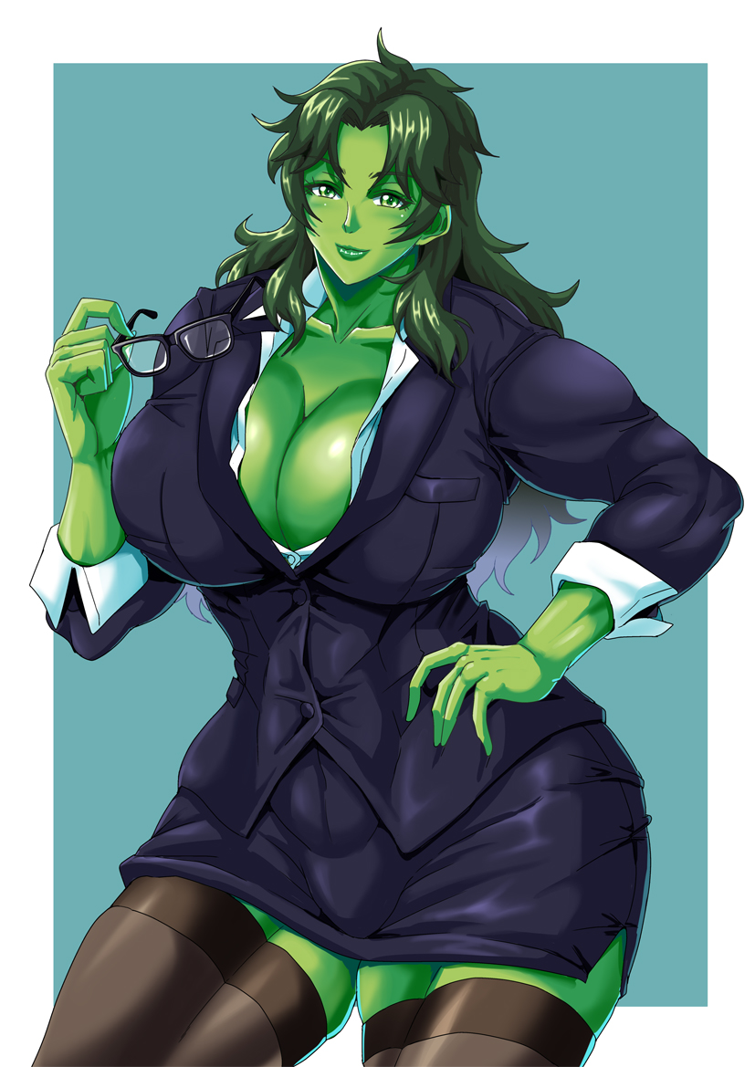 1girls barely_contained_breasts big_breasts business_suit business_woman busty cleavage female female_only giant_breasts glasses green_body green_eyes green_hair green_lips green_skin huge_breasts hulk_(series) long_hair marvel marvel_comics mifune_seijirou muscles muscular muscular_female muscular_thighs office_lady portrait she-hulk sheets simple_background solo solo_female stockings teal_background thick_thighs voluptuous voluptuous_female