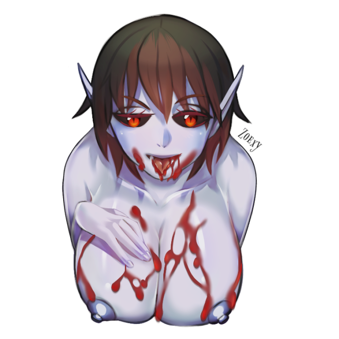 1:1 ahe_gao blood bodily_fluids breast_grab breasts female grey_body grey_skin hair hand_on_breast humanoid looking_pleasured red_eyes red_hair runescape solo vampire zoexy