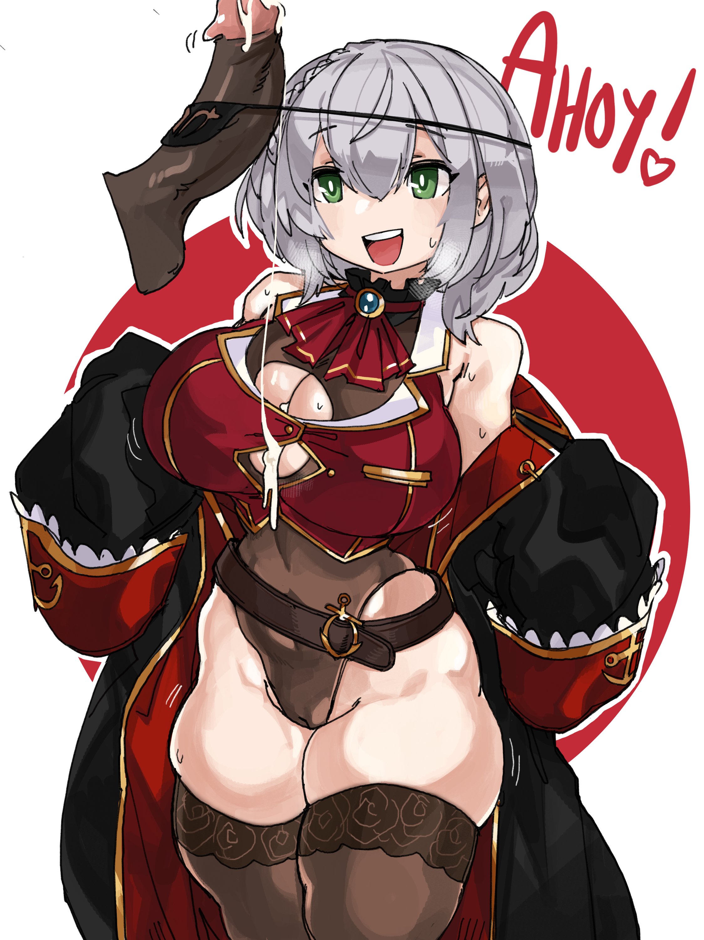 1boy, 1girls, after paizuri, bandage, big breasts, breasts, cleavage, cleavage cutout, clothing, cum, cum drip, cum leaking, cum on breasts, dark penis, dark skin, dark-skinned male, disembodied penis, female, green eyes, hololive, hololive fantasy, hololive japan, houshou marine, houshou marine (cosplay), large breasts, legs together, male, medium hair, open mouth, penis, shirogane noel, solo, stockings, sweat, thick thighs, thigh squish, very high resolution, virtual youtuber, white background, white hair, wide hips, zanamaoria