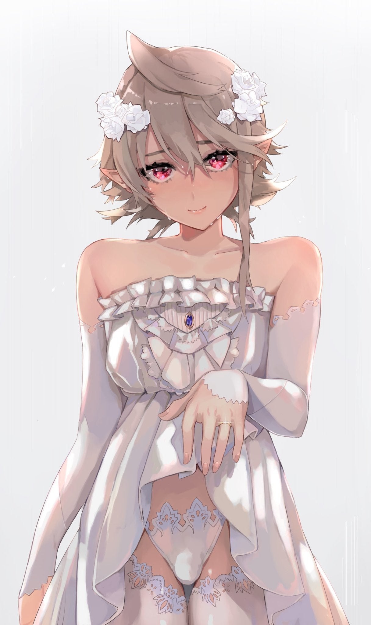 1boy armwear bridal_dress bridal_gloves bride bride_gown bulge corrin_(fire_emblem) corrin_(fire_emblem)_(male) crossdressing femboy femboy_bride fire_emblem fire_emblem_fates girly legwear looking_at_viewer male male_bride male_only panties small_penis smooth_skinned_male softcore solo source_request stockings thighhighs w_(1999_kyu) wedding_dress wedding_lingerie white_armwear white_legwear