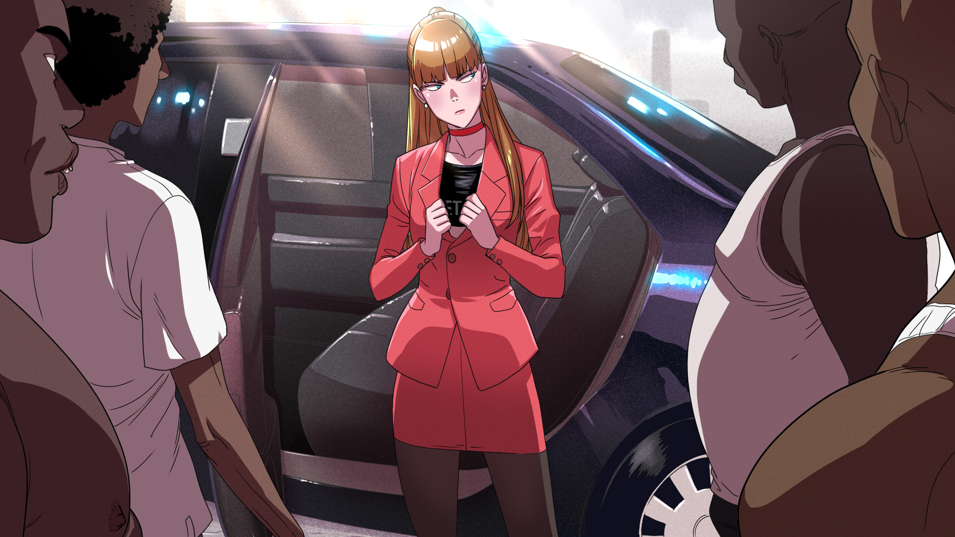 1girls, 4boys, blue eyes, blush, brown hair, car, dark skin, dark-skinned male, female, imminent sex, interracial, july (tekuho), long hair, male, male on female, male/female, original, sfw, skirt, straight, teenager, tekuho