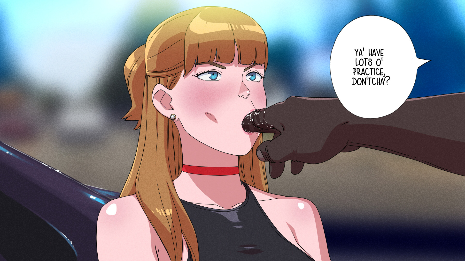 1boy, 1girls, blue eyes, brown hair, dark skin, dark-skinned male, deepthroat, female, finger sucking, imminent sex, interracial, july (tekuho), long hair, male, oral, original, petite, sucking, tagme, teenager, tekuho, throat fingering, throat training, tsundere