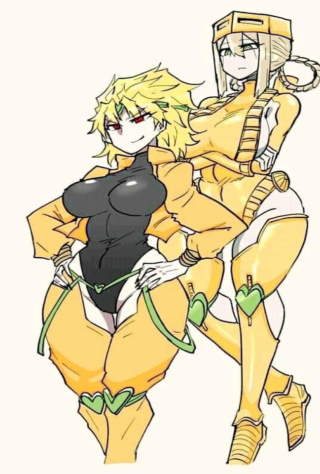 2girls big_breasts black_nails blonde_hair breasts curvaceous curvy_figure dio_brando female female_dio hearts huge_breasts humanoid jojo's_bizarre_adventure jojo_reference light-skinned_female light_skin long_nails mannungei no_panties pose red_eyes rule_63 simple_background smile stand_(jjba) stardust_crusaders the_world thick_thighs thigh_clothes thighhighs tight_clothing vampire villainess voluptuous white_background yellow_clothing