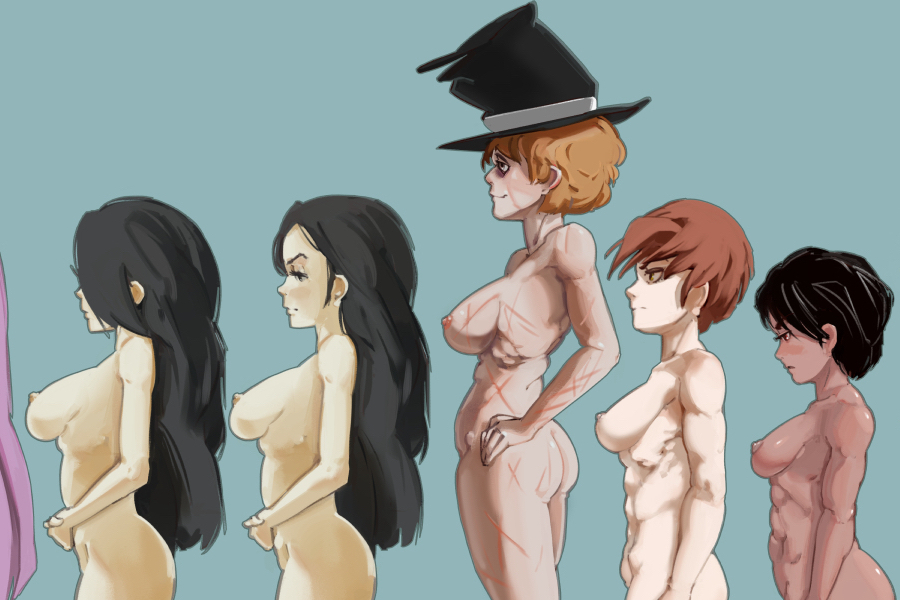 5girls black_hair multiple_girls red_hair scars size_difference toorops top_hat twins