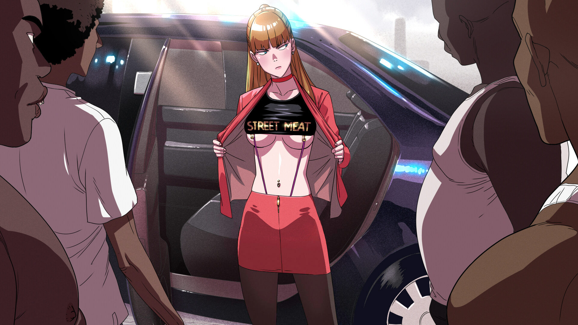 1girls, 4boys, blue eyes, blush, breasts, brown hair, dark skin, dark-skinned male, female, imminent sex, interracial, july (tekuho), long hair, male, original, piercing, sexually suggestive, skirt, tagme, teenager, tekuho, underboob, undressing