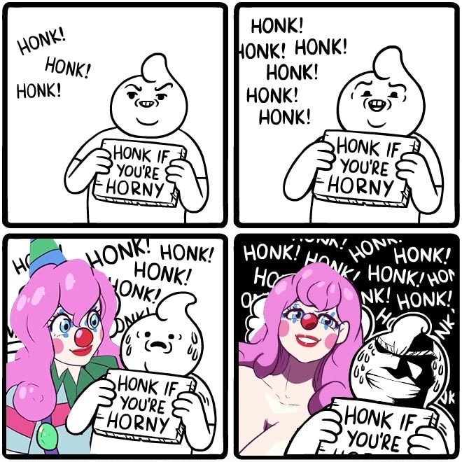 1boy 1girls 2020 blue_eyes clown clown_girl clown_makeup clown_nose comic edit english_text holding_sign honk horny lemonfont long_hair looking_at_viewer meme nickels_(lemonfont) pink_hair smile smug sound_effects sweatdrop unknown_source