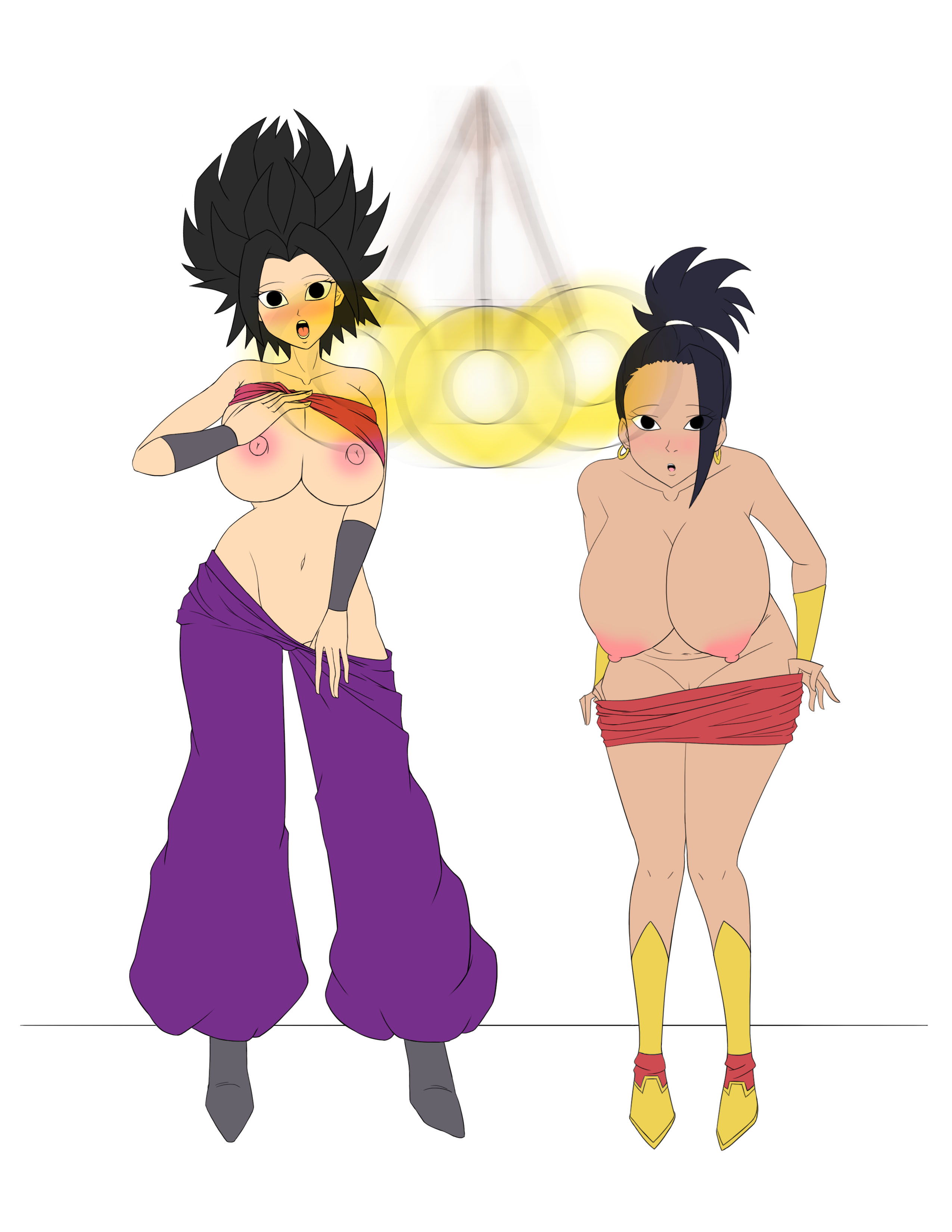 2girls, big breasts, breasts, caulifla, dragon ball, dragon ball super, female, female only, hypnosis, kale, mind control, multiple females, multiple girls, neo-izayoi, no bra, no panties, nude, pendulum, pendulum swinging, ponytail, pov, pussy, saiyan, staring at viewer, stripping, tagme, thick thighs, visible nipples