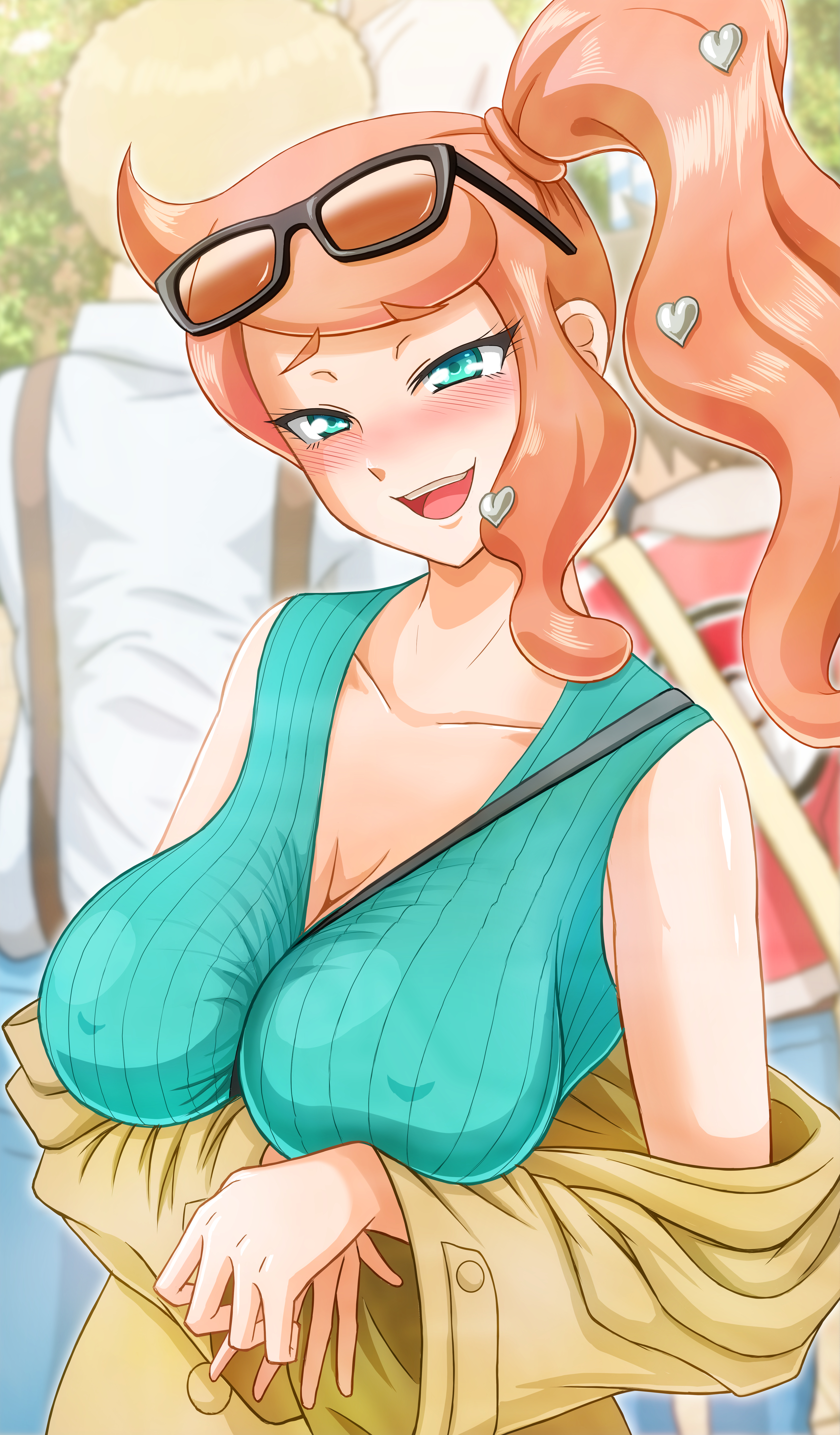 1girls, 5 fingers, alternate breast size, bare shoulders, big breasts, blush, blushing, breasts, camwooo, cleavage, clothed female, erect nipples, eyebrows, eyebrows visible through hair, eyelashes, female, female focus, female only, large breasts, long hair, looking at viewer, nipple bulge, nipples, nipples visible through clothing, open mouth, pokemon, pokemon ss, seductive, seductive eyes, seductive look, seductive smile, smile, smiling, smiling at viewer, solo, solo female, solo focus, sonia (pokemon), standing, sunglasses on head, teeth, tongue, voluptuous