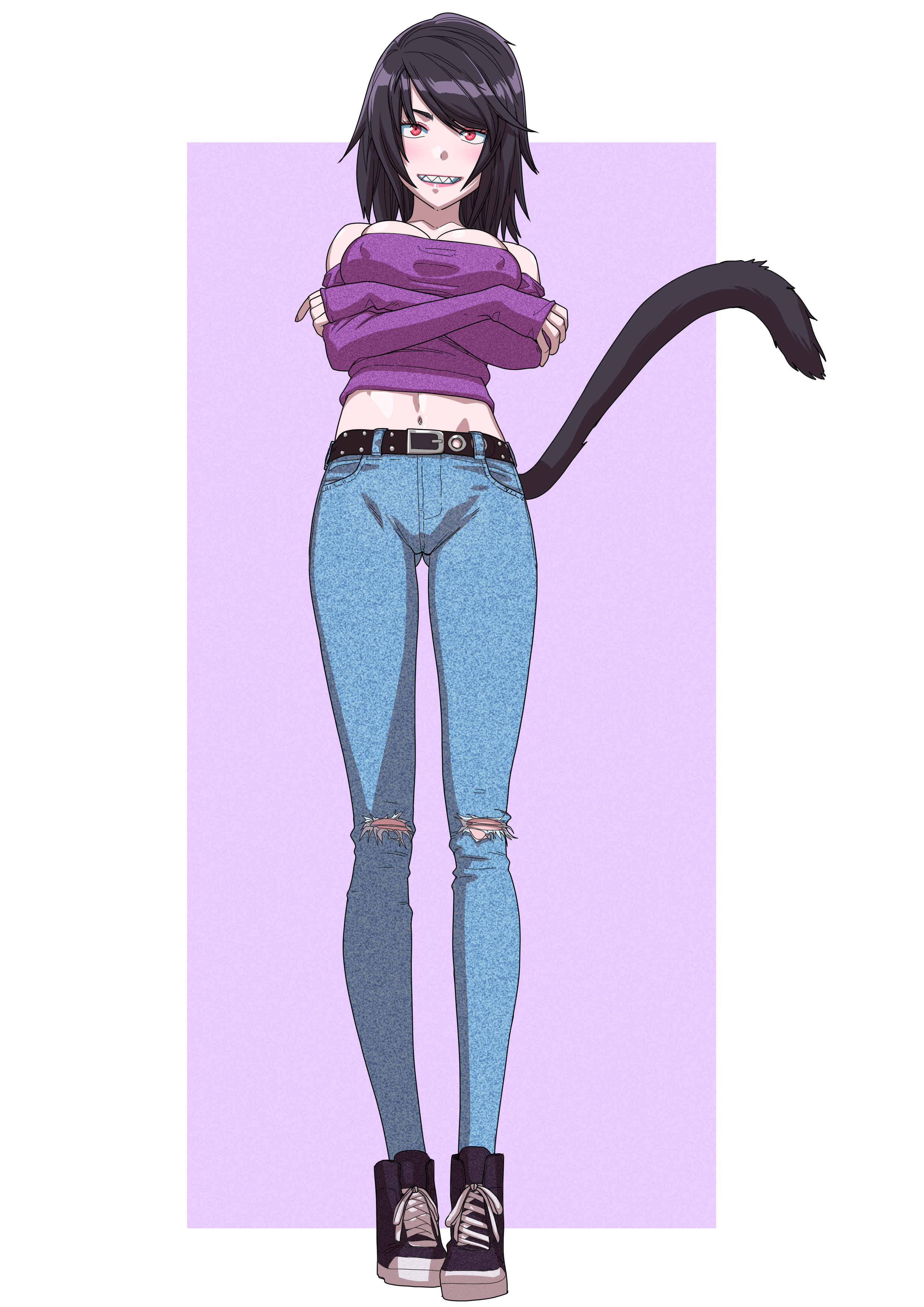 black hair, blush, breasts, female, original character, red eyes, solo, tagme, tail, teeth, tekuho