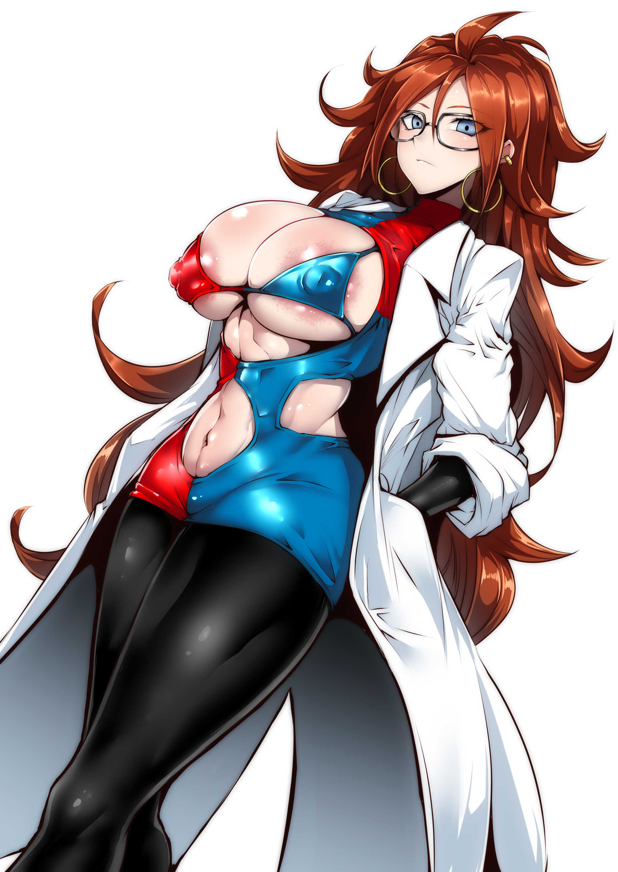android 21, android 21 (human), big breasts, breasts, clothed female, dragon ball, dragon ball fighterz, female, female focus, female only, glasses, long hair, nipples, nipples visible through clothing, solo, solo female, solo focus