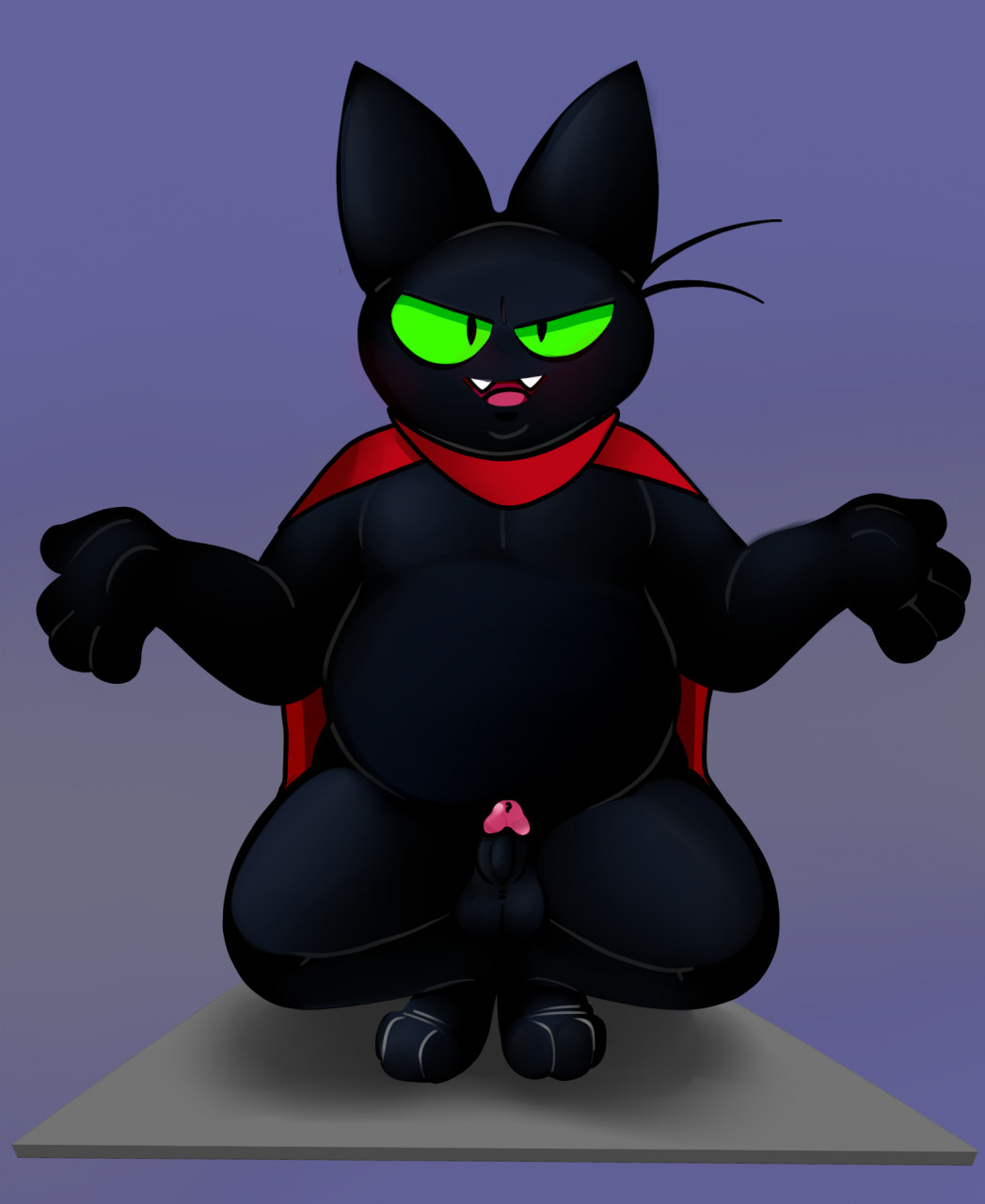 anthro balls black_body black_fur cape cartoon_network clothing digitigrade domestic_cat erection felid feline felis fur genitals green_eyes hi_res male mammal mao_mao:_heroes_of_pure_heart neenya nude penis red_clothing sheriff_mao_mao_mao solo solo_male