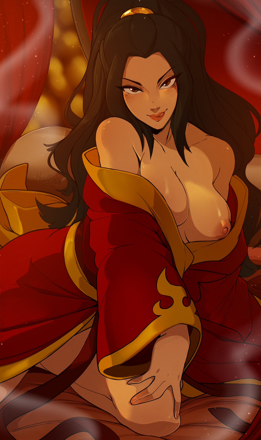 1girls alternate_breast_size areolae avatar_the_last_airbender azula bare_shoulders bedroom_eyes big_breasts big_hair black_hair breasts brown_eyes brunette clothing exposed_breasts eyelashes eyeshadow female female_only female_solo hair_down half-closed_eyes hand_on_leg high_resolution highres large_breasts licking_lips light_skin lipstick long_hair looking_at_viewer loose_clothes medium_breasts merunyaa naughty_face nipples on_bed on_knees one_breast_out open_robe pale-skinned_female pink_lips ponytail presenting_breasts puffy_areola red_lipstick robe seductive seductive_look seductive_smile skinny slim solo tied_hair tongue tongue_out voluptuous yellow_eyes