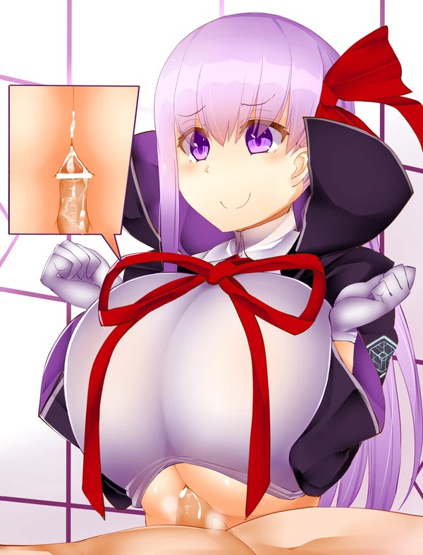 bb_(fate) big_breasts clothed_female clothed_female_nude_male cum cum_between_breasts facominn fate_(series) gloves huge_breasts nude_male paizuri purple_eyes purple_hair ribbon smile