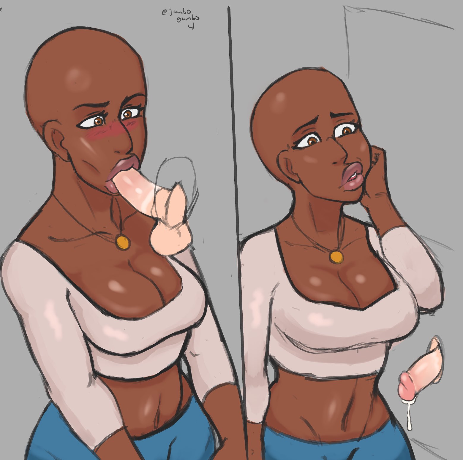 1boy, 1girls, bald, bald female, clash (rainbow six), cleavage, dark skin, dark-skinned female, fellatio, female, glory hole, interracial, jumbogumbo, male, oral, rainbow six, rainbow six siege, tagme, tom clancy