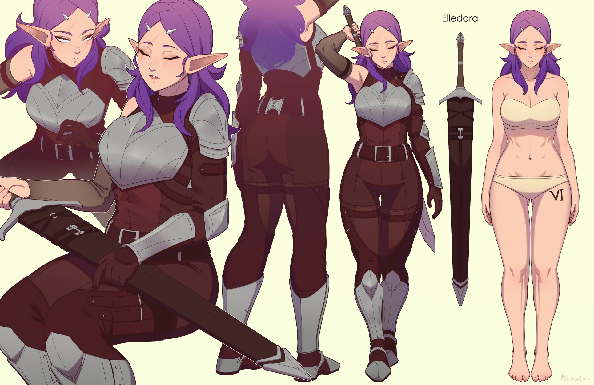 1girls, armor, bare arms, bare legs, barefoot, bra, breasts, cleavage, elf, eyes closed, feet, female, female only, longsword, multiple views, navel, panties, pointy ears, purple hair, razalor, scabbard, sheath, sword, weapon