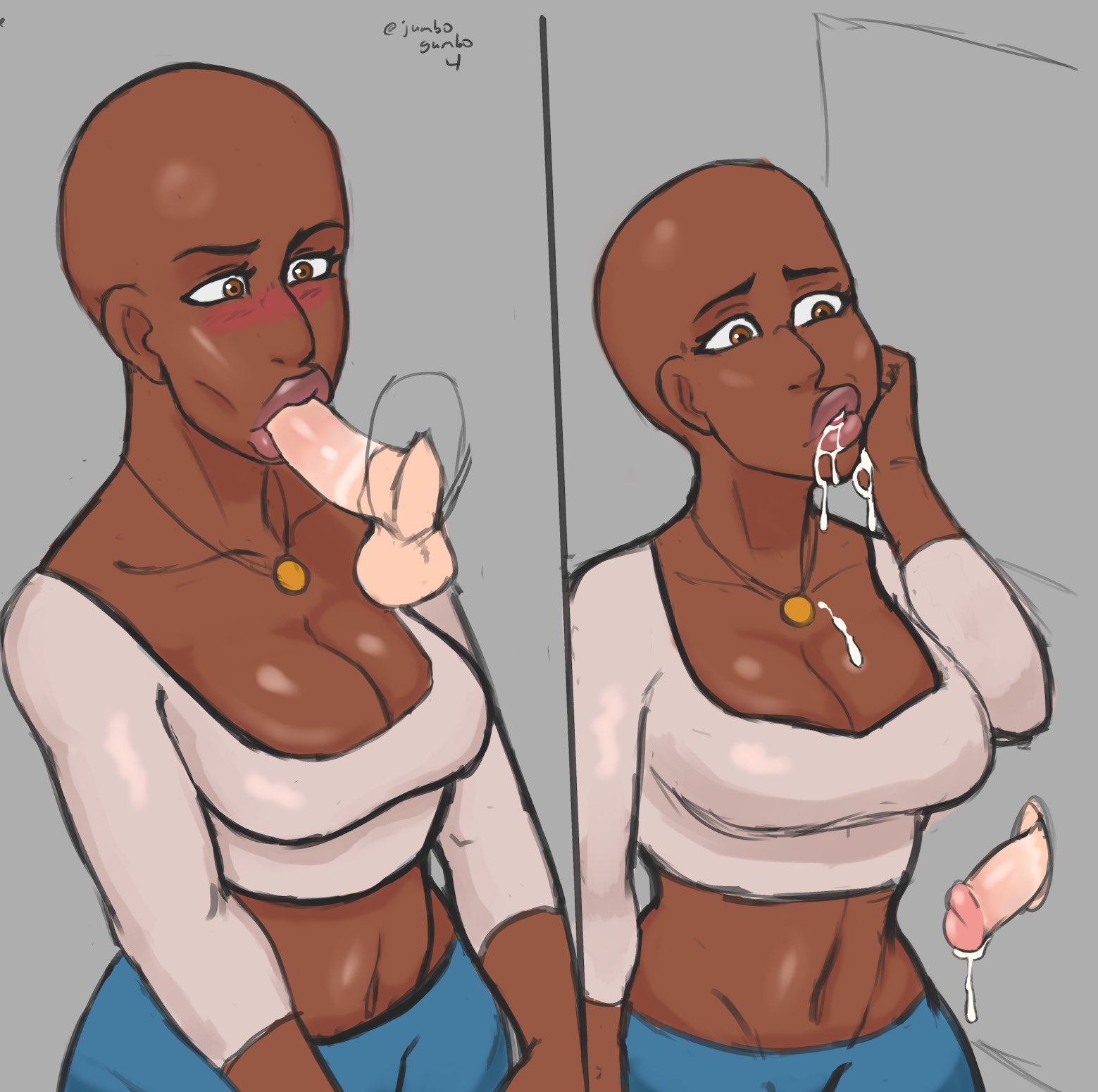 1boy, 1girls, bald female, brown eyes, clash (rainbow six), cum in mouth, dark skin, dark-skinned female, female, glory hole, jumbogumbo, light skin, light-skinned male, male, rainbow six, rainbow six siege, tagme, tom clancy
