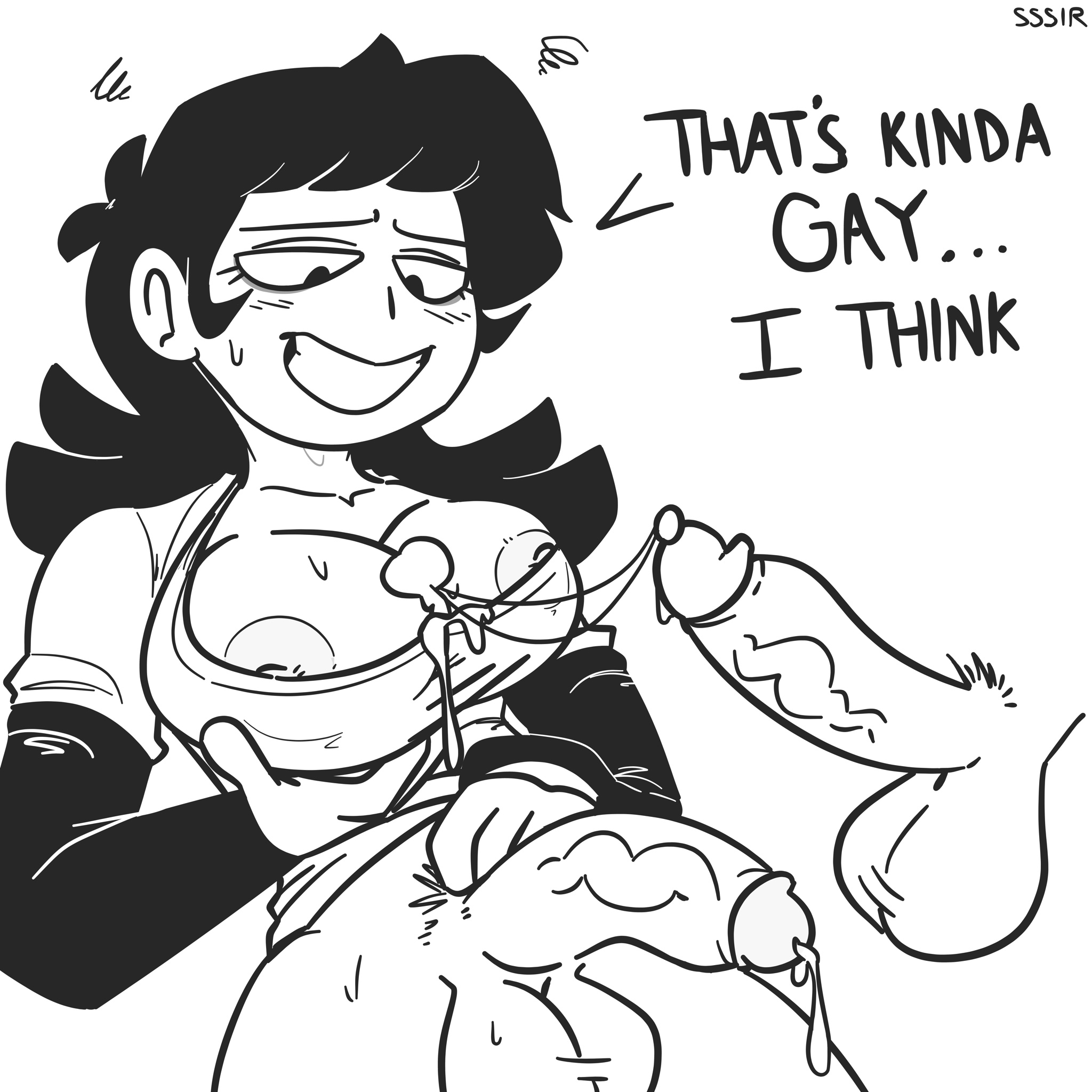 1boy, 1futa, areola slip, areolae, big breasts, black hair, bottomless, breasts, clothed, clothing, cum, cum on breasts, dialog, disembodied penis, erection, futanari, genderswap, half-erect, holding breast, intersex, male, monochrome, original character, partially clothed, penis, precum, rule 63, slobbyslapper, smile, solo focus, sssir, sssir8, text