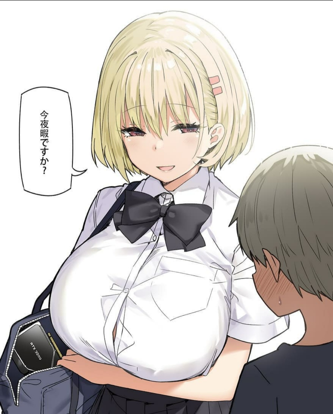 bangs, big breasts, blonde hair, breasts, brown eyes, female, large breasts, male, school uniform, schoolgirl, short hair, smiling, younger male