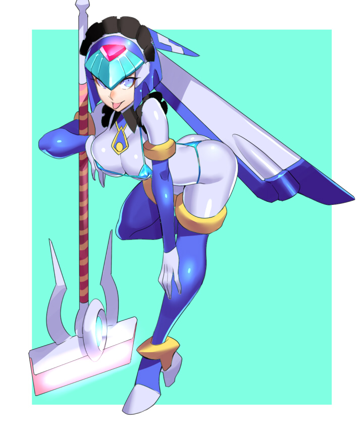 android big_breasts blue_eyes blue_hair bodystocking bodysuit boots breasts cleavage fairy_leviathan female female_only gloves helmet holding long_hair looking_at_viewer maid maid_headdress mega_man mega_man_zero open_mouth rockman rockman_zero smile solo squeegee swimsuit thigh_boots thighhighs ukimukai weapon