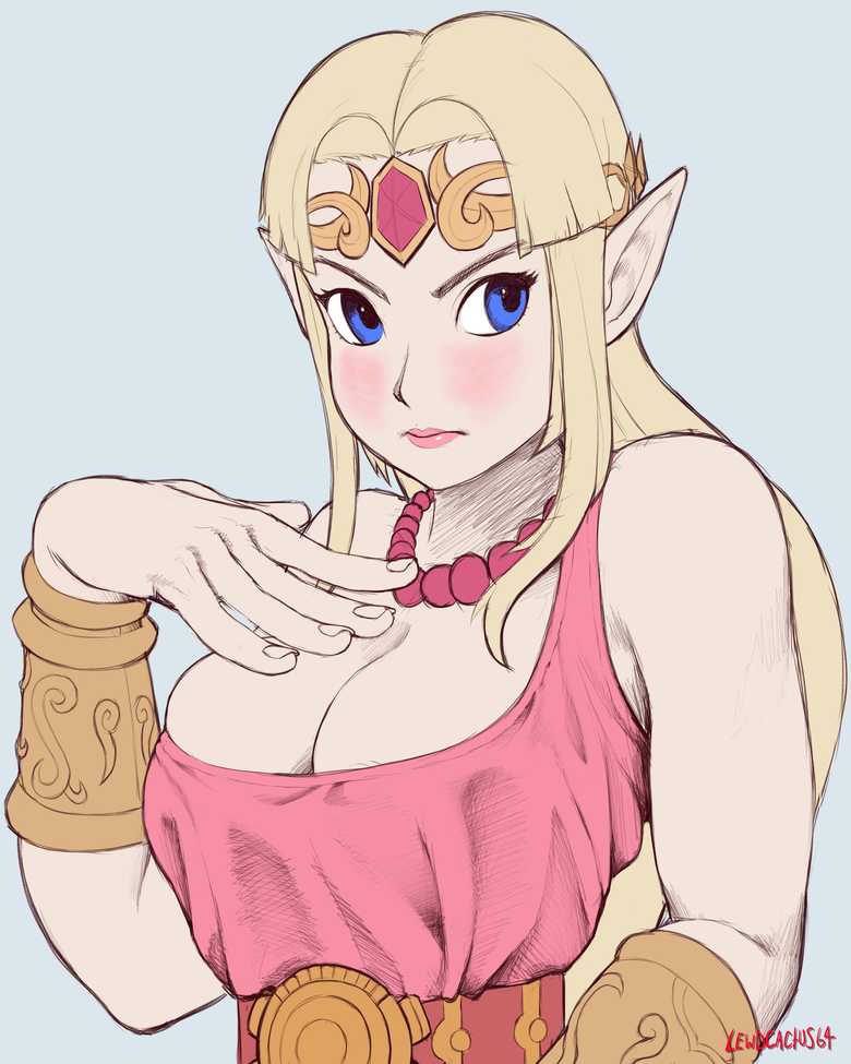 a link between worlds, artist name, artist signature, big breasts, blonde hair, blue eyes, blush, breasts, cleavage, clothed, clothing, female, hair, hylian, lewdcactus, light skin, light-skinned female, looking at viewer, namespace, nintendo, pointy ears, princess zelda, simple background, solo, the legend of zelda, zelda (a link between worlds)