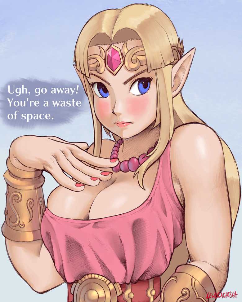 a link between worlds, artist name, artist signature, big breasts, blonde hair, blue eyes, blush, breasts, cleavage, clothed, clothed female, clothing, dialogue, english text, female, hylian, lewdcactus, nail polish, namespace, nintendo, pointy ears, princess zelda, simple background, solo, talking to viewer, text, the legend of zelda, zelda (a link between worlds)