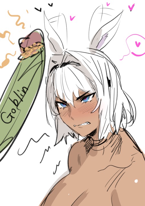 1boy, 1girls, angry, animal ears, big penis, blue eyes, blush, caenis (fate), cock hungry, dark skin, dark-skinned female, fangs, fate (series), fate/grand order, female, femsub, goblin, goblin male, green skin, gritted teeth, heart, heart-shaped pupils, huge cock, imminent rape, kunaboto, male, monster, penis, penis awe, secretly loves it, silver hair, smegma, stink lines, venus body, visible stench, voluptuous