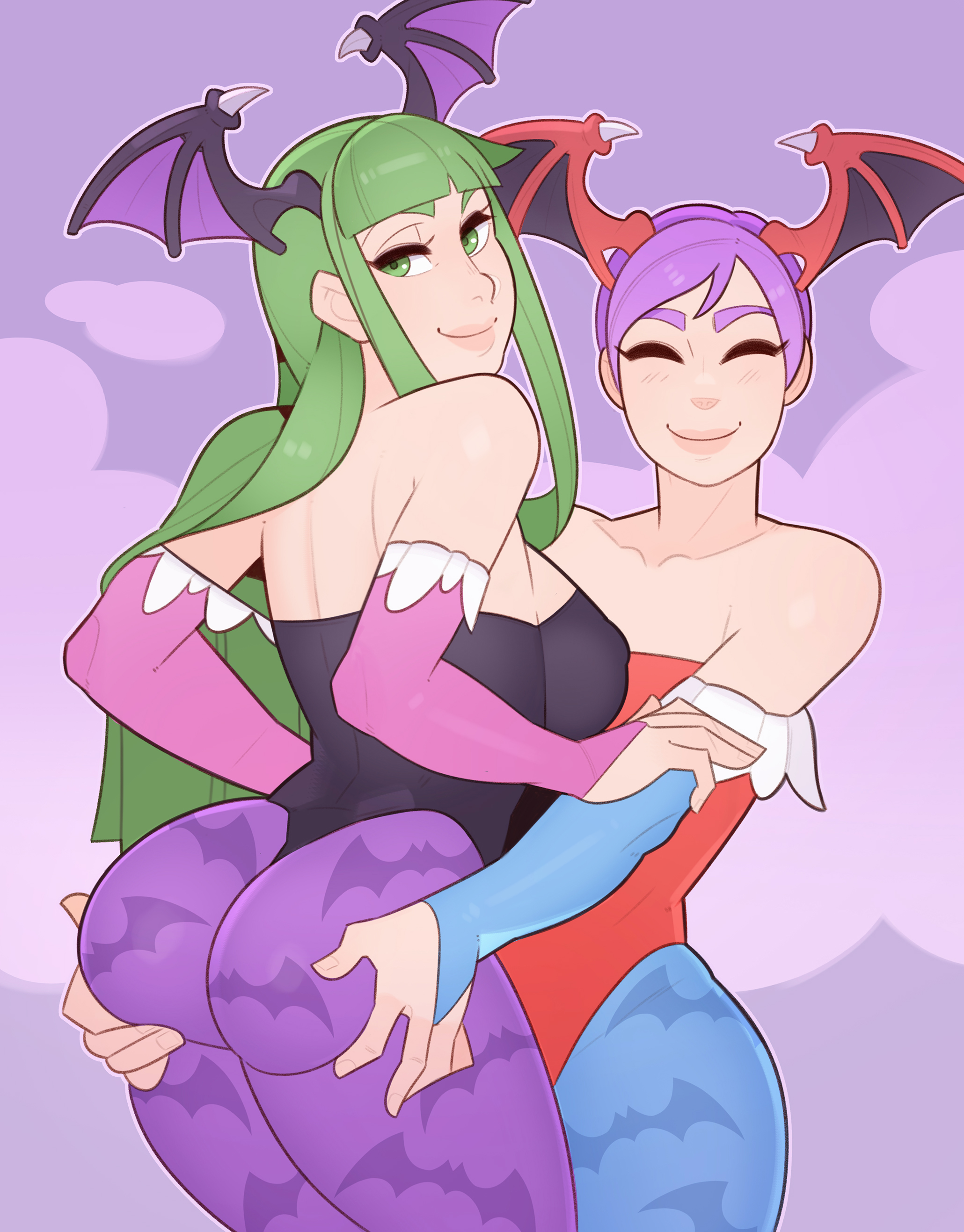 2girls, ass, ass grab, big ass, breasts, clothing, darkstalkers, demon, female, female only, flat chest, head wings, incest, lilith aensland, looking at viewer, looking back, morrigan aensland, multiple females, multiple girls, sisters, small breasts, splashbrush, succubi, succubus