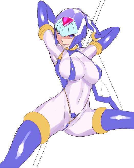 1girls android blue_eyes bodysuit breasts fairy_leviathan female gloves helmet large_breasts licking_lips mega_man mega_man_zero micro_bikini pole polearm pubic_tattoo reploid robot robot_girl rockman rockman_zero smile solo spread_legs string_bikini tagme tattoo thick_thighs thighhighs ukimukai weapon