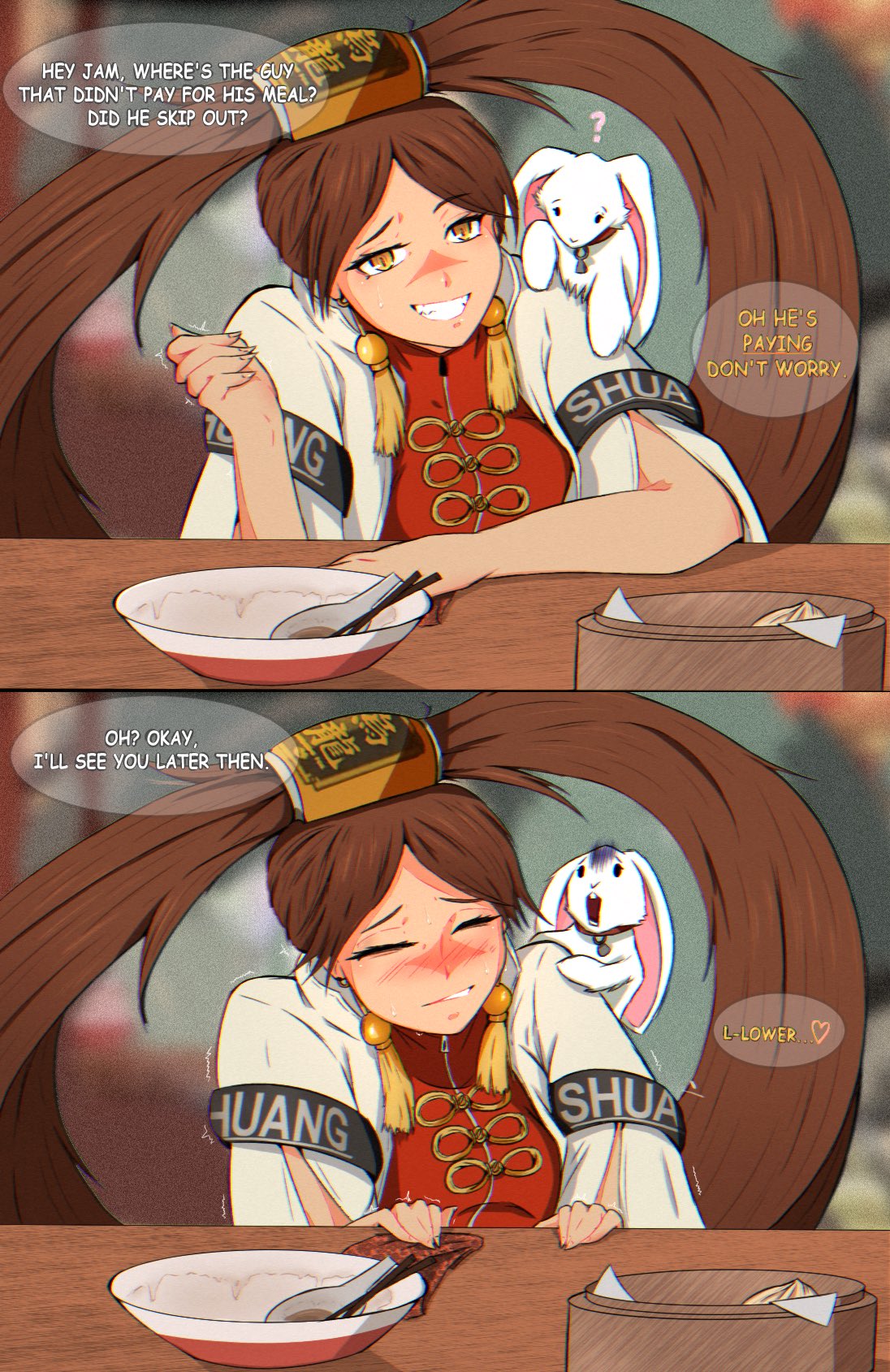 1girls, 2boys, 2koma, big breasts, biting lip, blush, breasts, brown hair, busty, chinese clothes, closed eyes, comic, english text, female, grin, guilty gear, guilty gear strive, heart, hidden, hidden sex, highres, implied cunnilingus, kuradoberi jam, large breasts, long hair, looking at viewer, male, meal, multiple boys, pov, rabbit, scared, sitting, smile, smug, spoken heart, stealth sex, sweat, turn pale, unknowing bystander, very long hair, voluptuous, yellow eyes