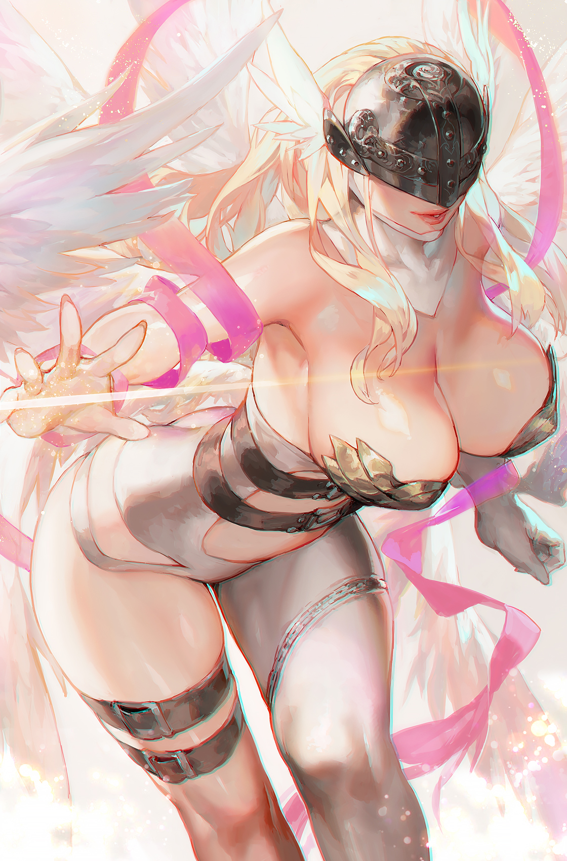 1girls, angel, angel wings, angewomon, aoin, big breasts, blonde hair, breasts, cleavage, clothed, clothing, digimon, digimon (species), female, female only, helmet, highres, large breasts, long hair, mask, solo, solo female, tagme, winged humanoid