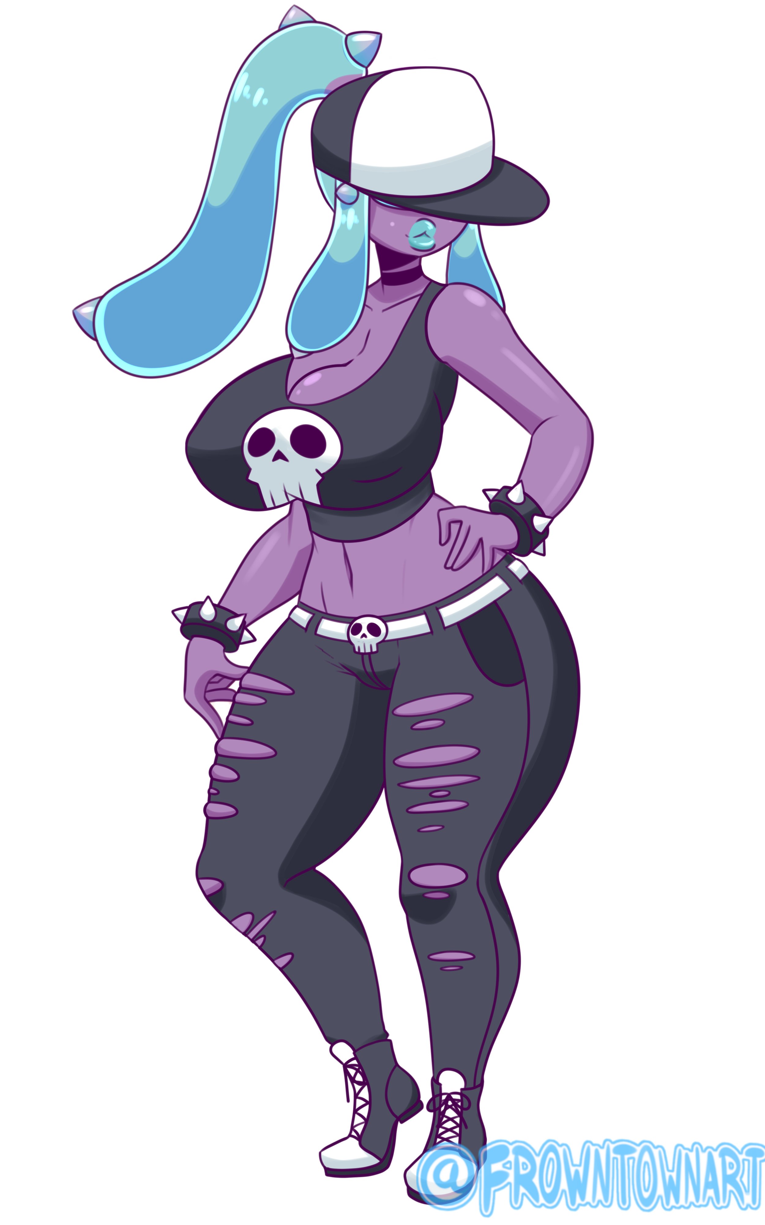1girls, anthro, big breasts, breasts, curvy figure, female, frowntown, hair over eyes, hat, humanized, humanoid, large breasts, lips, lipstick, mareanie, nintendo, pokemon, pokemon sm, purple body, tentacle hair, thick lips, thick thighs, thighs, white background, wide hips