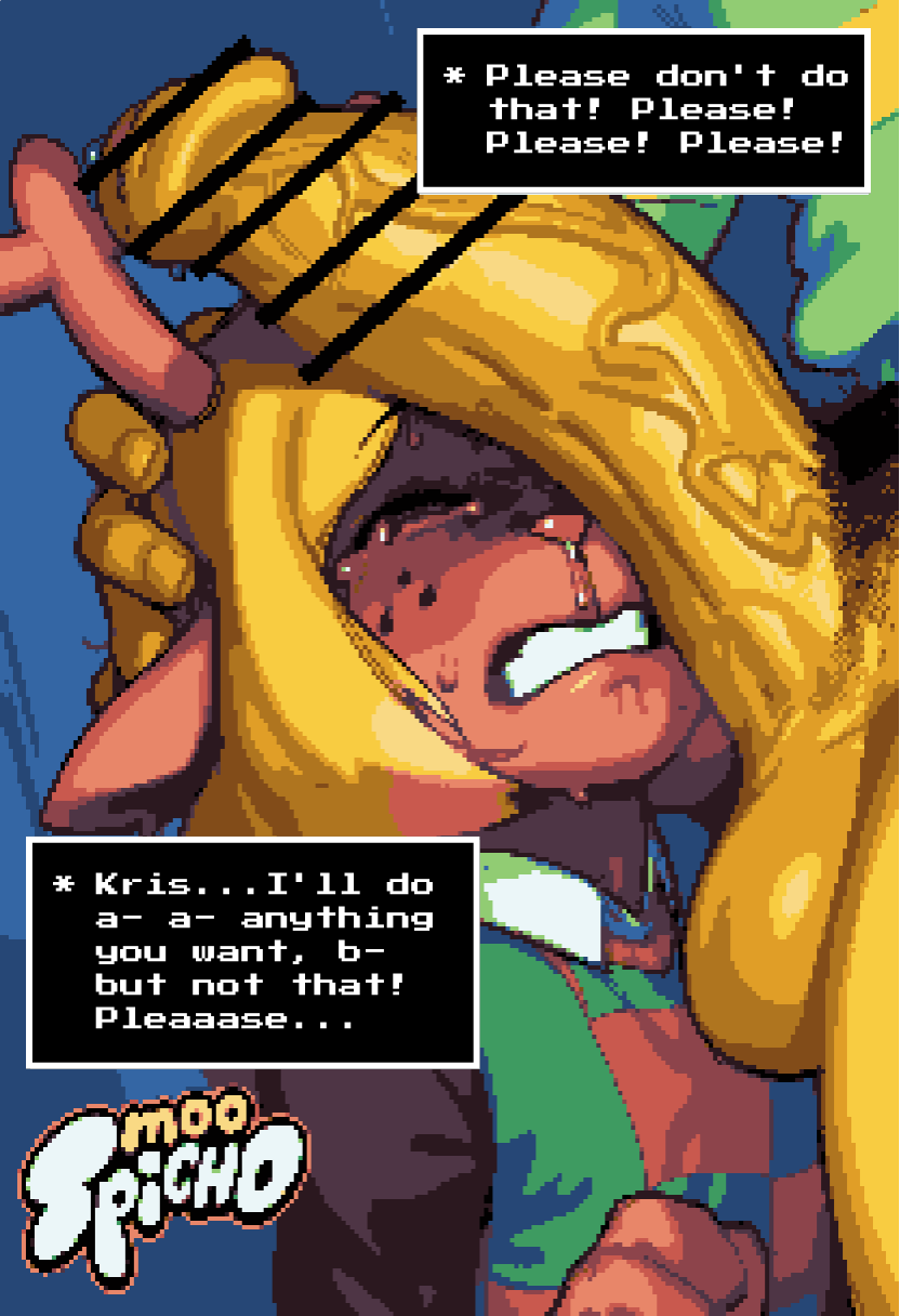 ai generated, anthro, antlers, balls, big penis, blonde hair, body control, brown fur, censored, censored penis, comic, comic page, deer, deltarune, deltarune chapter 4, hair, hairy penis, huge cock, human, human on anthro, imminent oral, imminent rape, imminent sex, kris (deltarune), long hair, mammal, moospicho, new world deer, noelle holiday, penis, penis on face, pixiv link, reindeer, snowgrave, veiny penis, yellow body