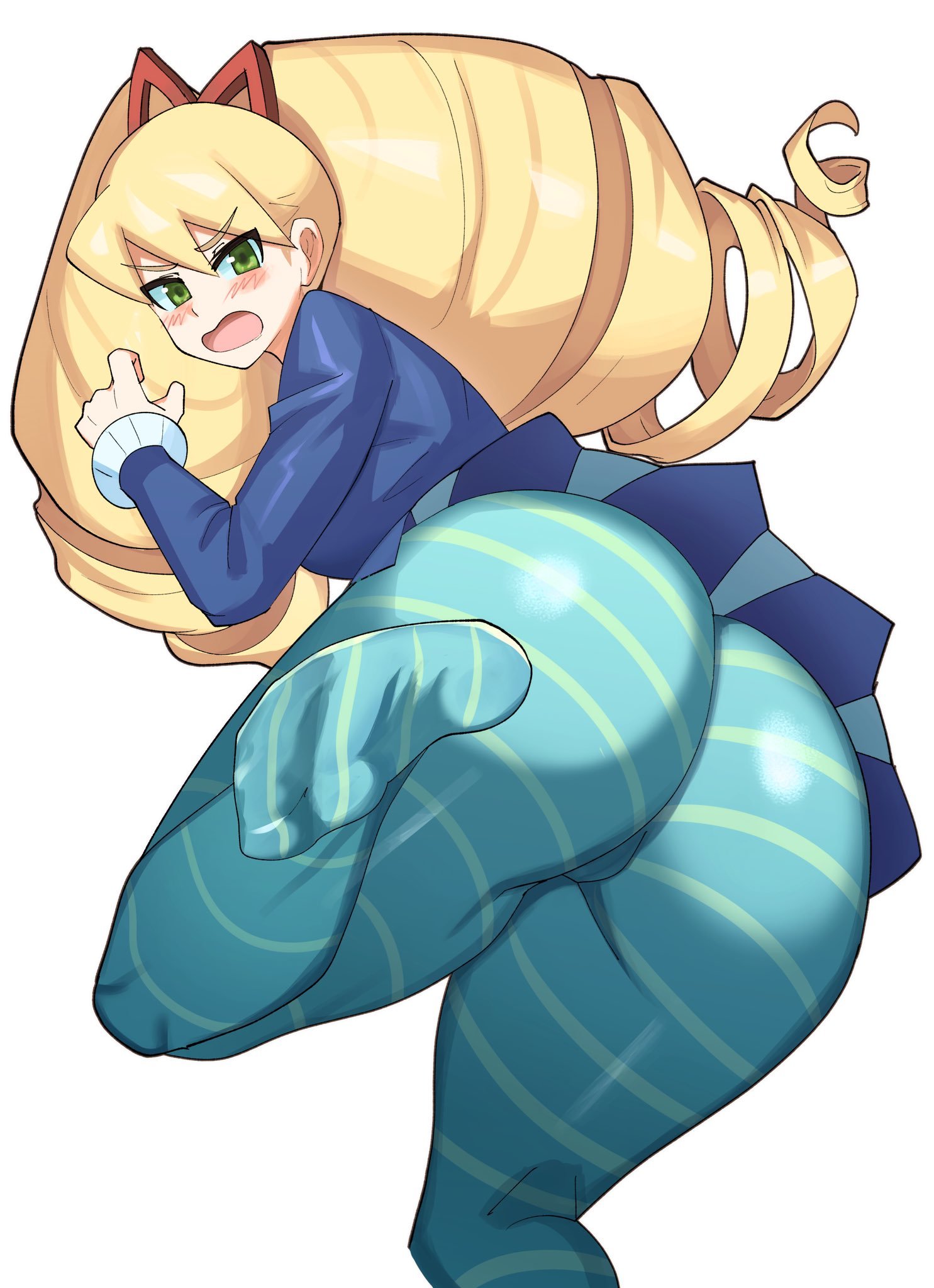 ass, ass focus, blonde hair, blush, breasts, bubble butt, butt crack outline, cameltoe, dress, drill hair, embarrassed, female, from behind, green eyes, hair ornament, huge ass, large breasts, leggings, long hair, looking at viewer, luna platz, mega man (series), mega man star force, open mouth, pantyhose, school uniform, sideboob, skirt, solo, twin drills, upskirt, very long hair, ytrall